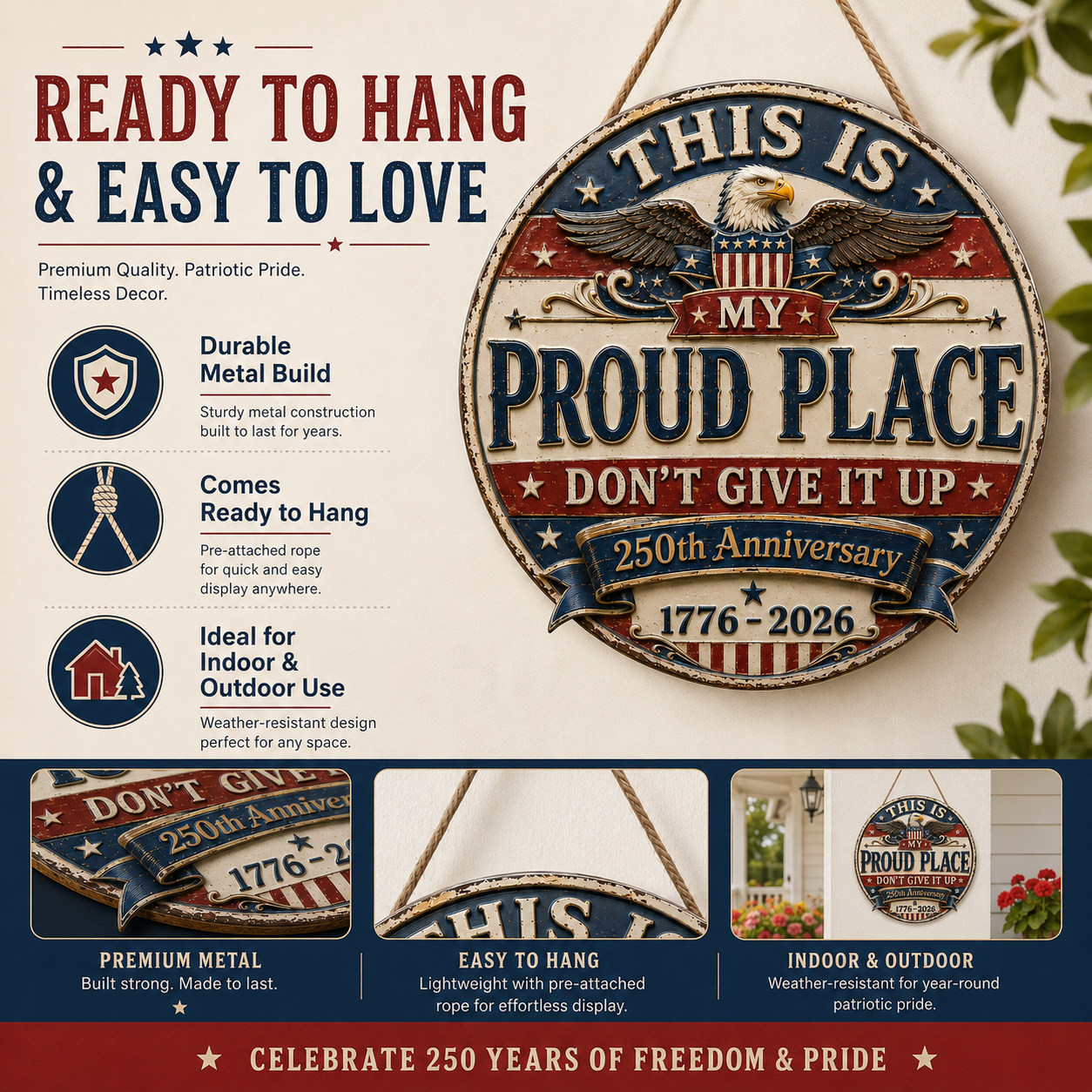 250th Anniversary Patriotic Garden Hanging Sign 🇺🇸 – “THIS IS MY PROUD PLACE”