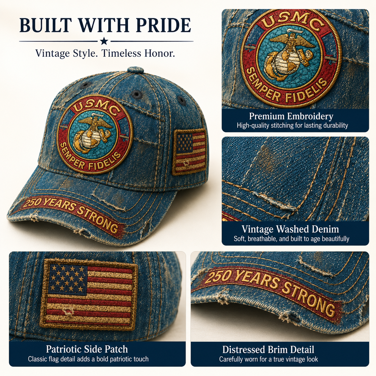 🎉250th Anniversary Hot Sale 65K+ ❤️ Vintage USMC Denim Cap 🇺🇸