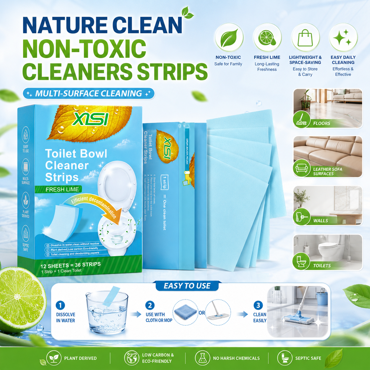 Nature Clean Non-Toxic Cleaner Strips – Multi-Surface Fresh Lime Cleaning Sheets for Toilet, Floors, Walls & Leather Surfaces 🍃✨
