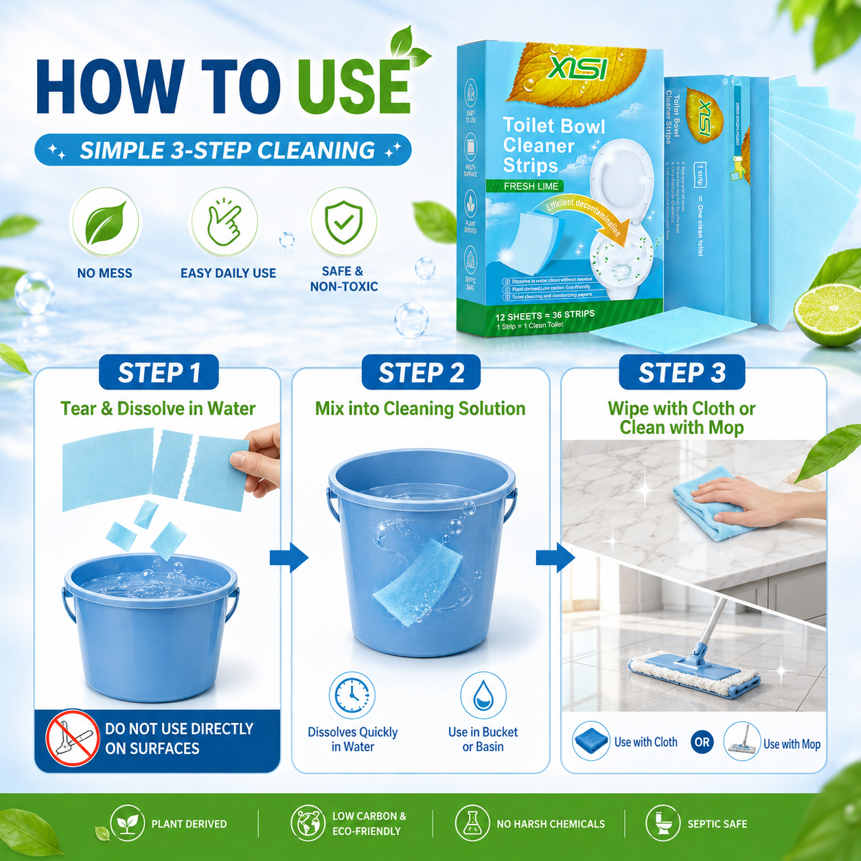 Nature Clean Non-Toxic Cleaner Strips – Multi-Surface Fresh Lime Cleaning Sheets for Toilet, Floors, Walls & Leather Surfaces 🍃✨