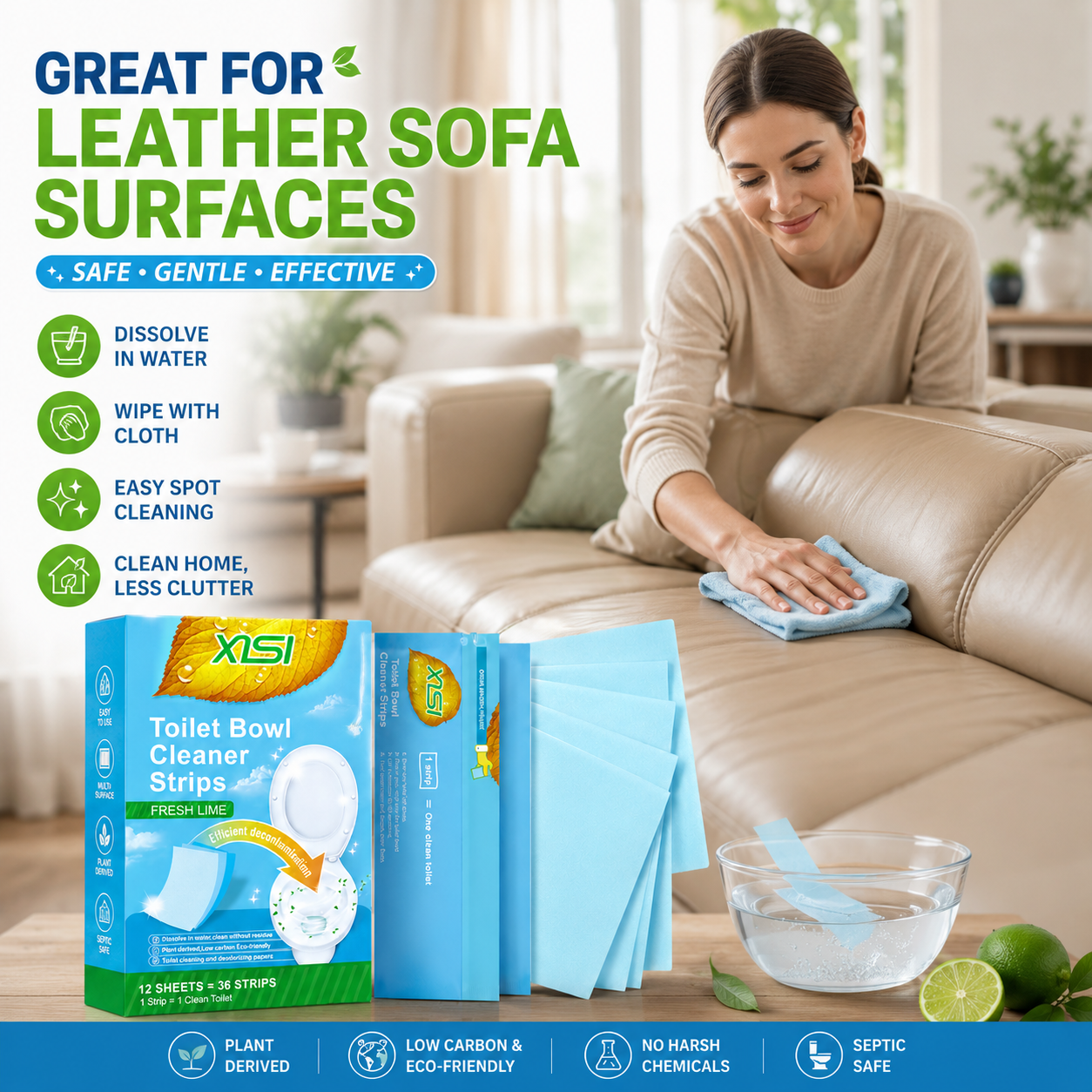Nature Clean Non-Toxic Cleaner Strips – Multi-Surface Fresh Lime Cleaning Sheets for Toilet, Floors, Walls & Leather Surfaces 🍃✨