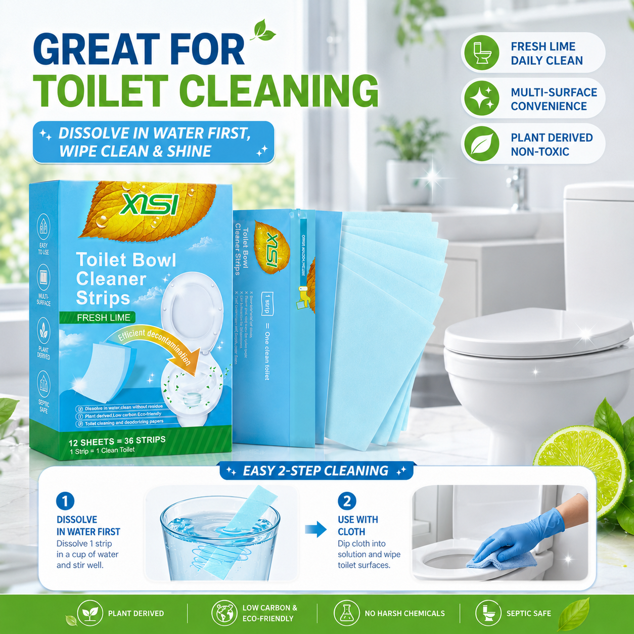 Nature Clean Non-Toxic Cleaner Strips – Multi-Surface Fresh Lime Cleaning Sheets for Toilet, Floors, Walls & Leather Surfaces 🍃✨