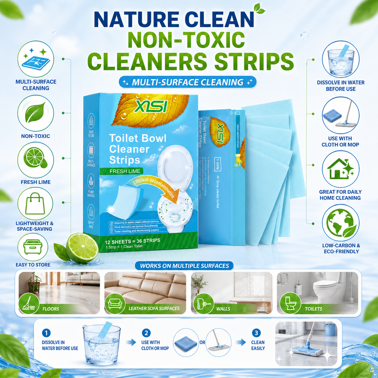 Nature Clean Non-Toxic Cleaner Strips – Multi-Surface Fresh Lime Cleaning Sheets for Toilet, Floors, Walls & Leather Surfaces 🍃✨