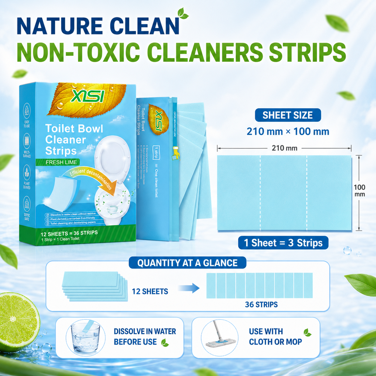 Nature Clean Non-Toxic Cleaner Strips – Multi-Surface Fresh Lime Cleaning Sheets for Toilet, Floors, Walls & Leather Surfaces 🍃✨