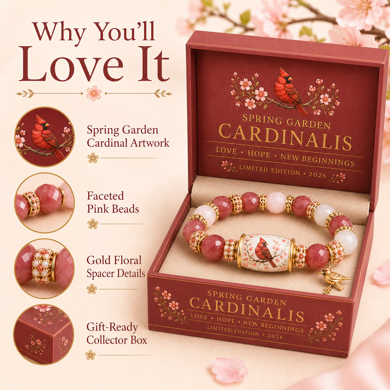 Spring Garden Cardinalis Bracelet – Limited Edition Cardinal Bird Charm Bracelet 🌸🐦✨