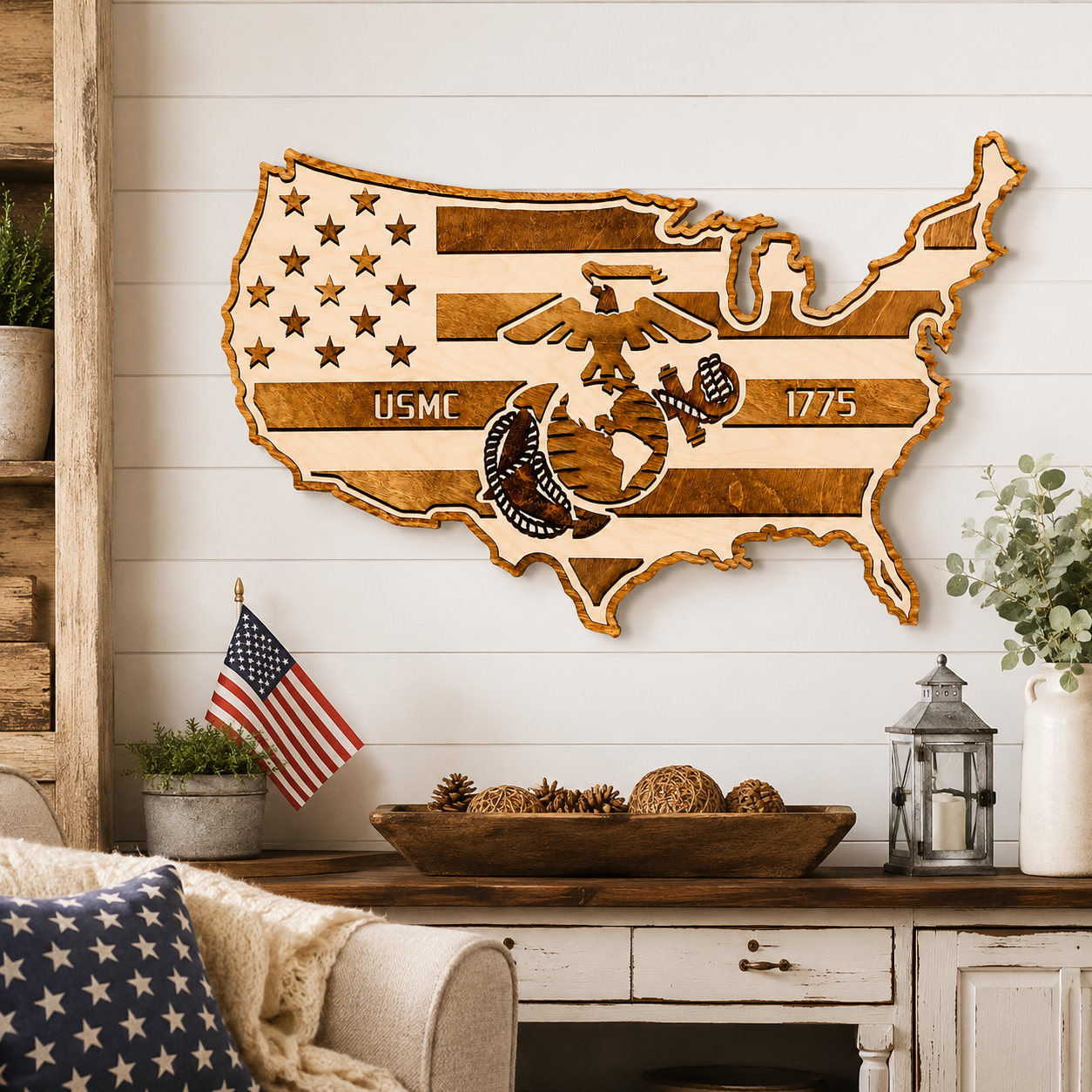 ✨USMC 1775 Wooden USA Map Wall Art – Patriotic Marine Corps Inspired Home Decor 🇺🇸🦅