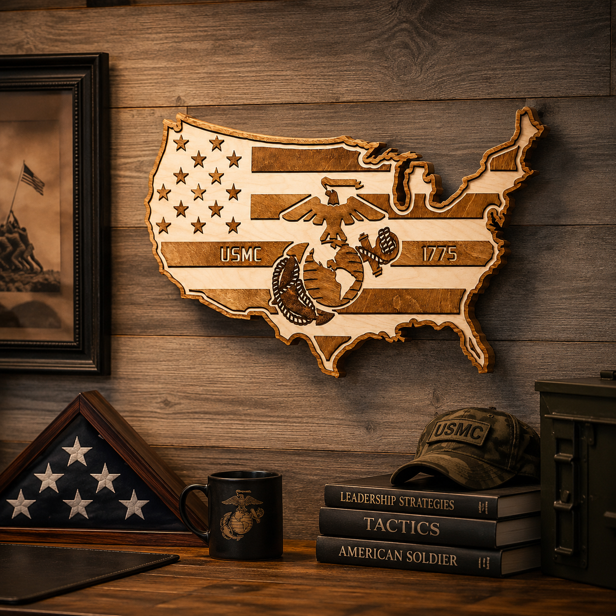 ✨USMC 1775 Wooden USA Map Wall Art – Patriotic Marine Corps Inspired Home Decor 🇺🇸🦅