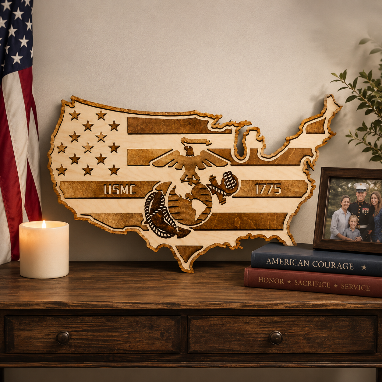 ✨USMC 1775 Wooden USA Map Wall Art – Patriotic Marine Corps Inspired Home Decor 🇺🇸🦅