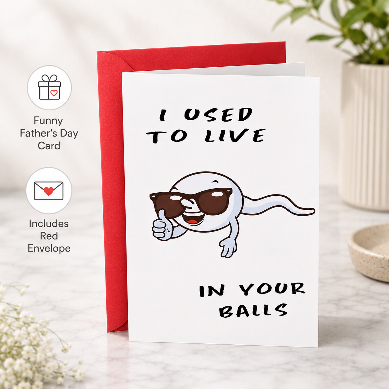 Cheeky Father’s Day Card – “I Used to Live in Your Balls” with Funny Sperm Illustration 🎉👨‍👦