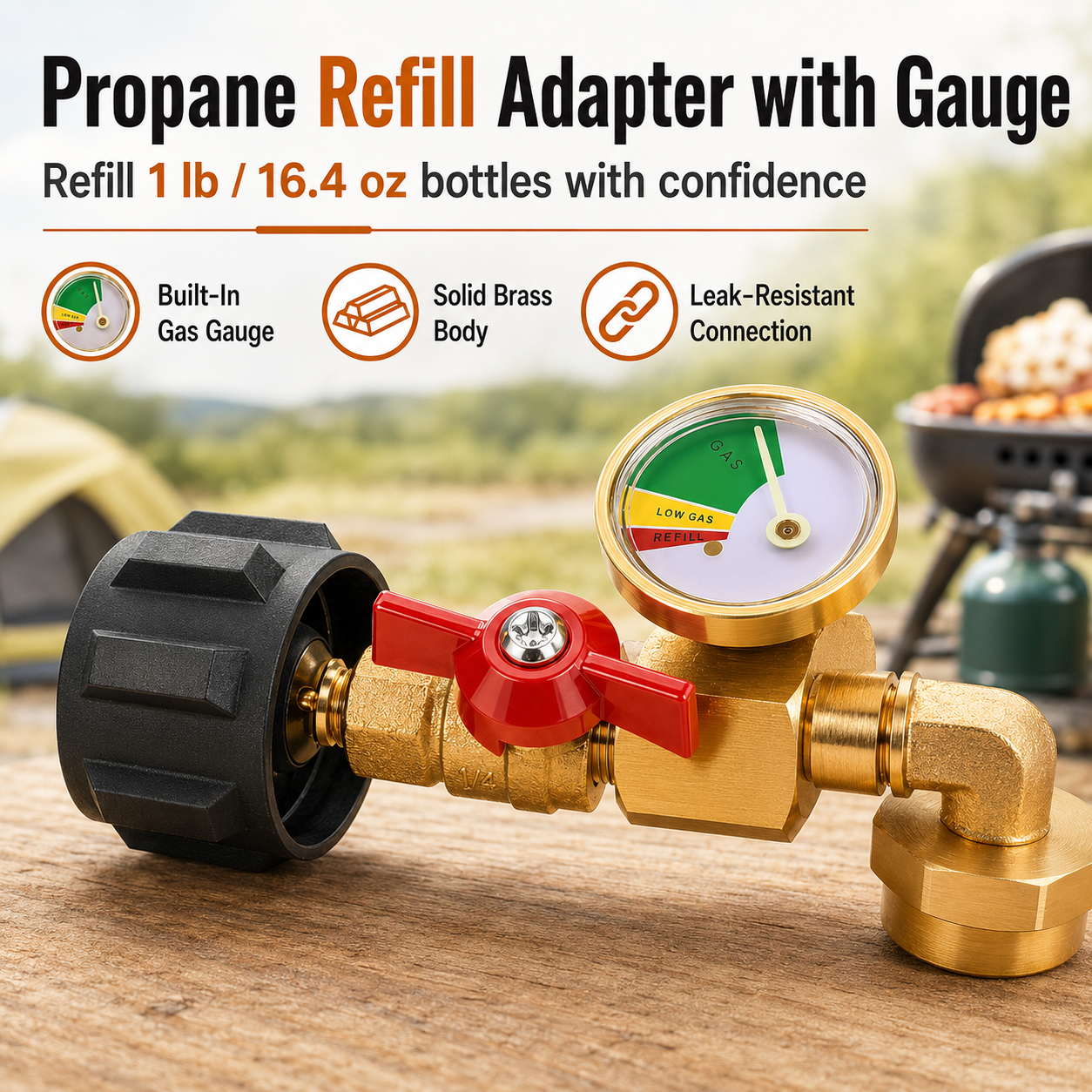 Propane Refill Adapter with Valve & Gauge, Ball Valve Gas Tank Gas Connector