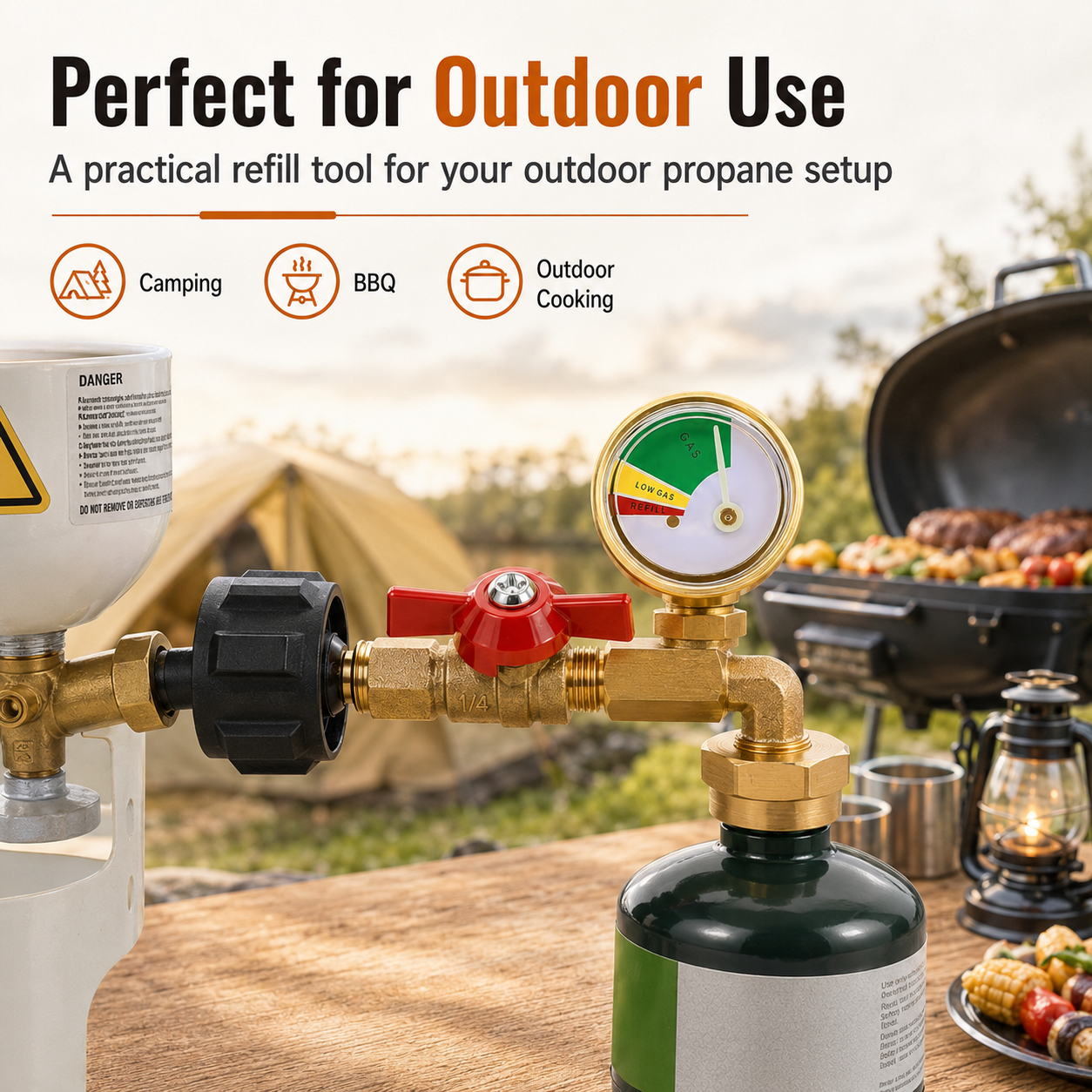 Propane Refill Adapter with Valve & Gauge, Ball Valve Gas Tank Gas Connector