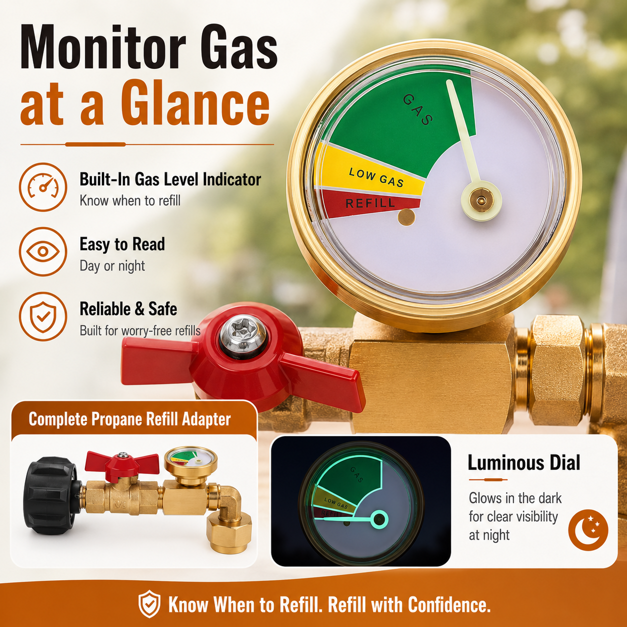 Propane Refill Adapter with Valve & Gauge, Ball Valve Gas Tank Gas Connector