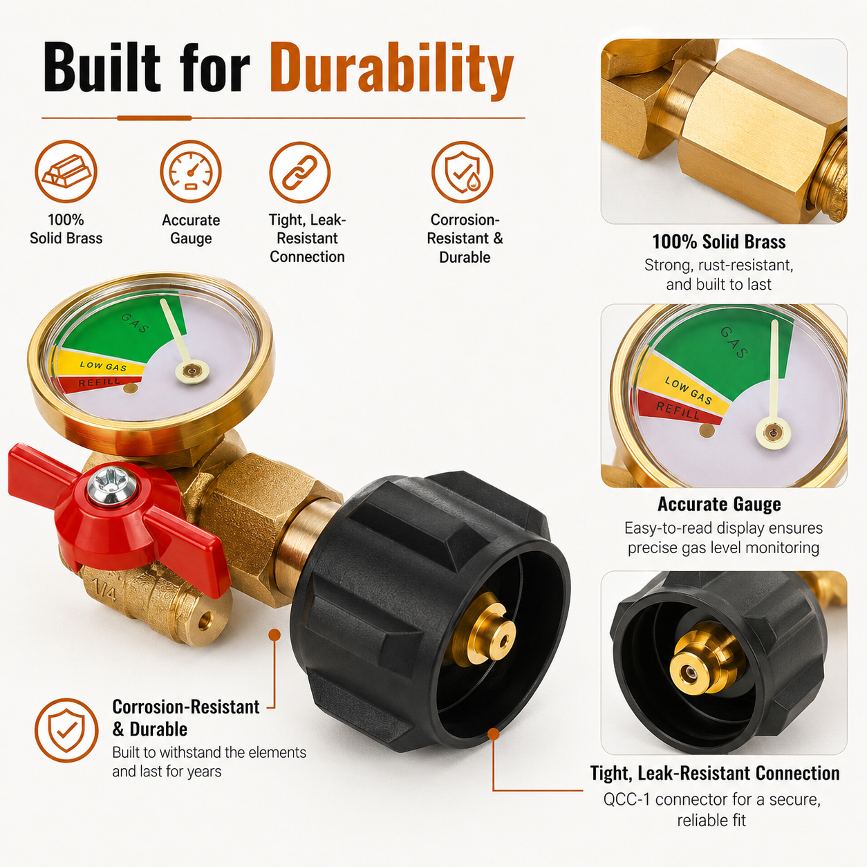 Propane Refill Adapter with Valve & Gauge, Ball Valve Gas Tank Gas Connector