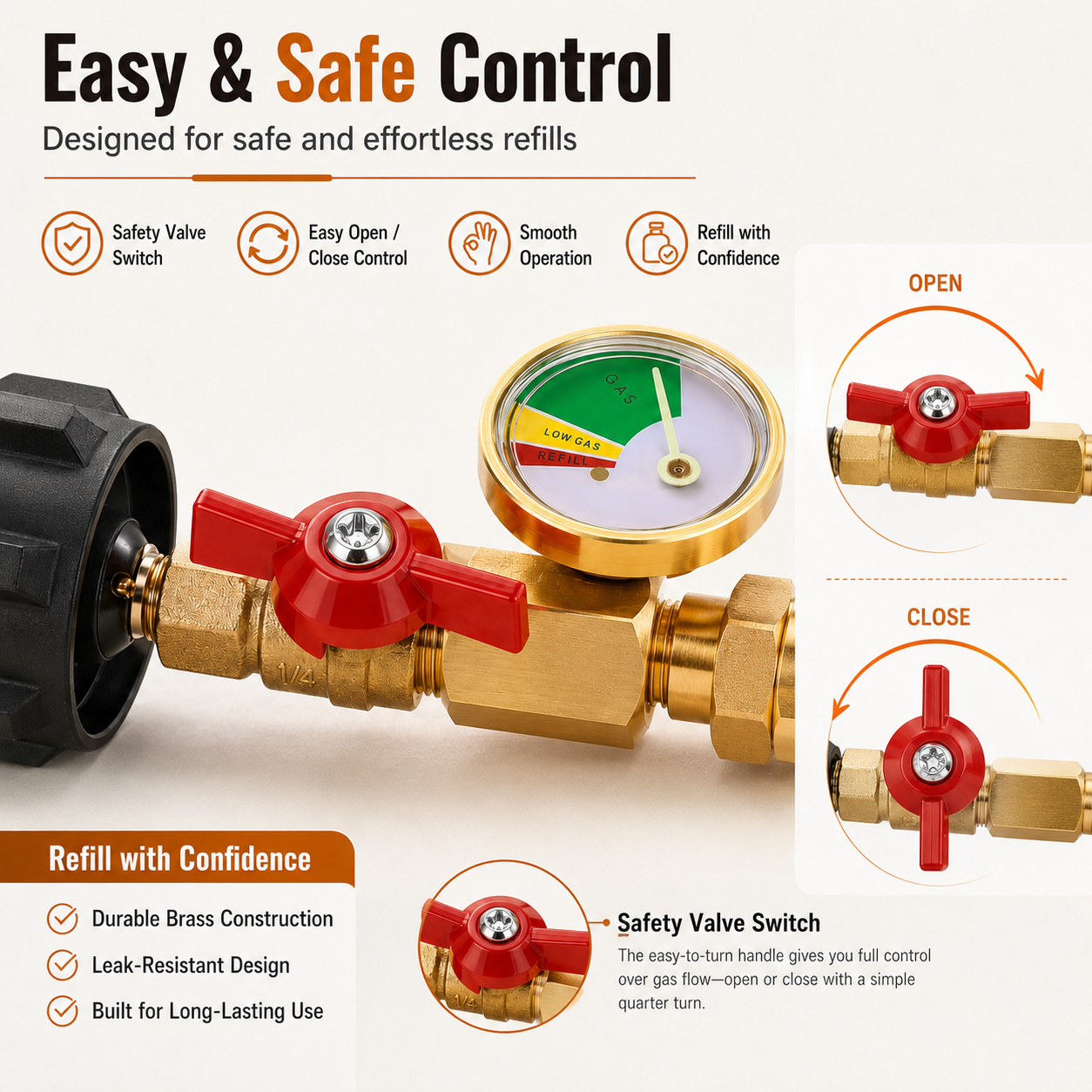 Propane Refill Adapter with Valve & Gauge, Ball Valve Gas Tank Gas Connector