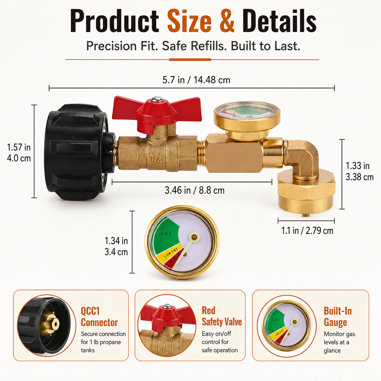 Propane Refill Adapter with Valve & Gauge, Ball Valve Gas Tank Gas Connector
