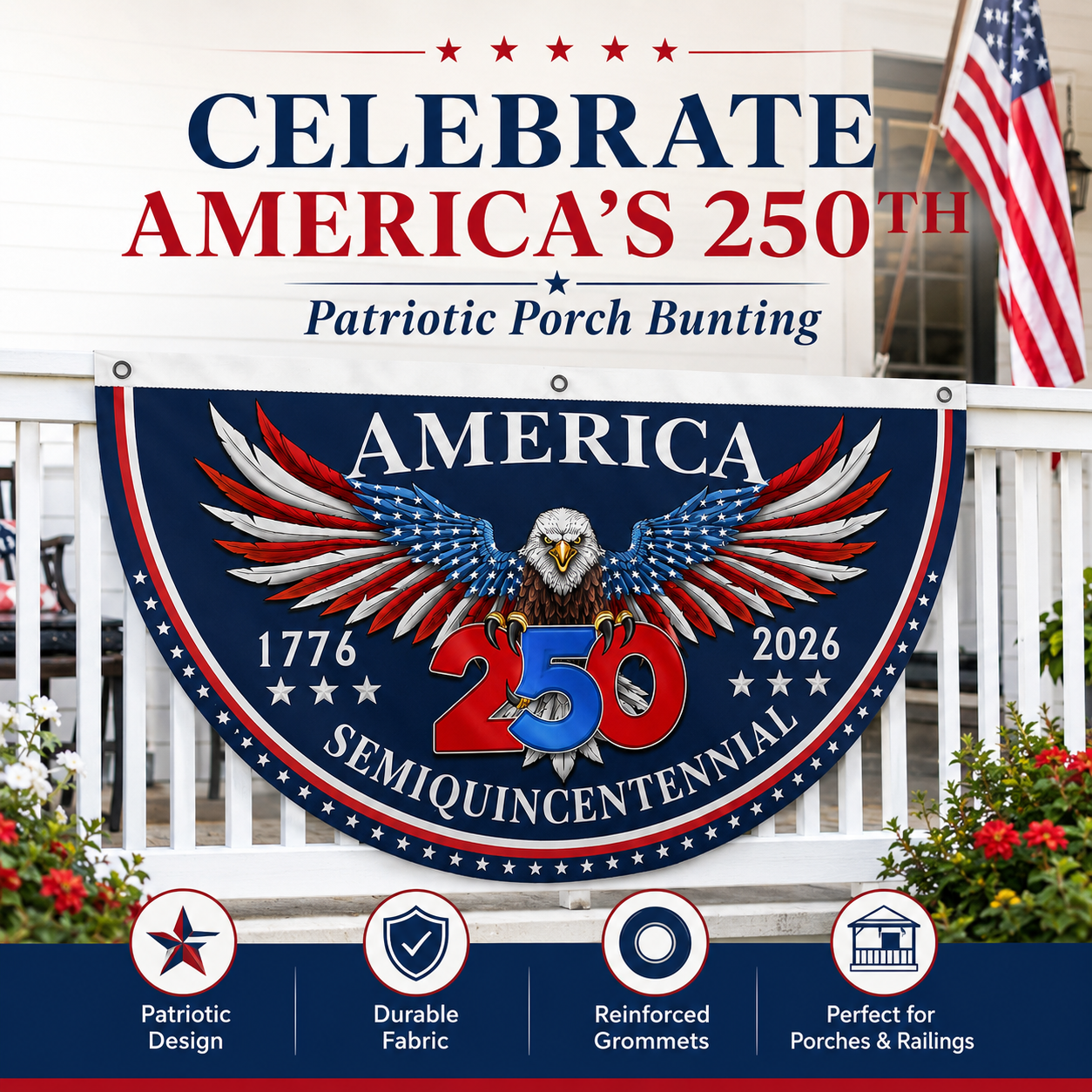 🇺🇸 America 250th Anniversary Patriotic Porch Banner 🦅 Semiquincentennial Eagle Half-Round Flag Decor