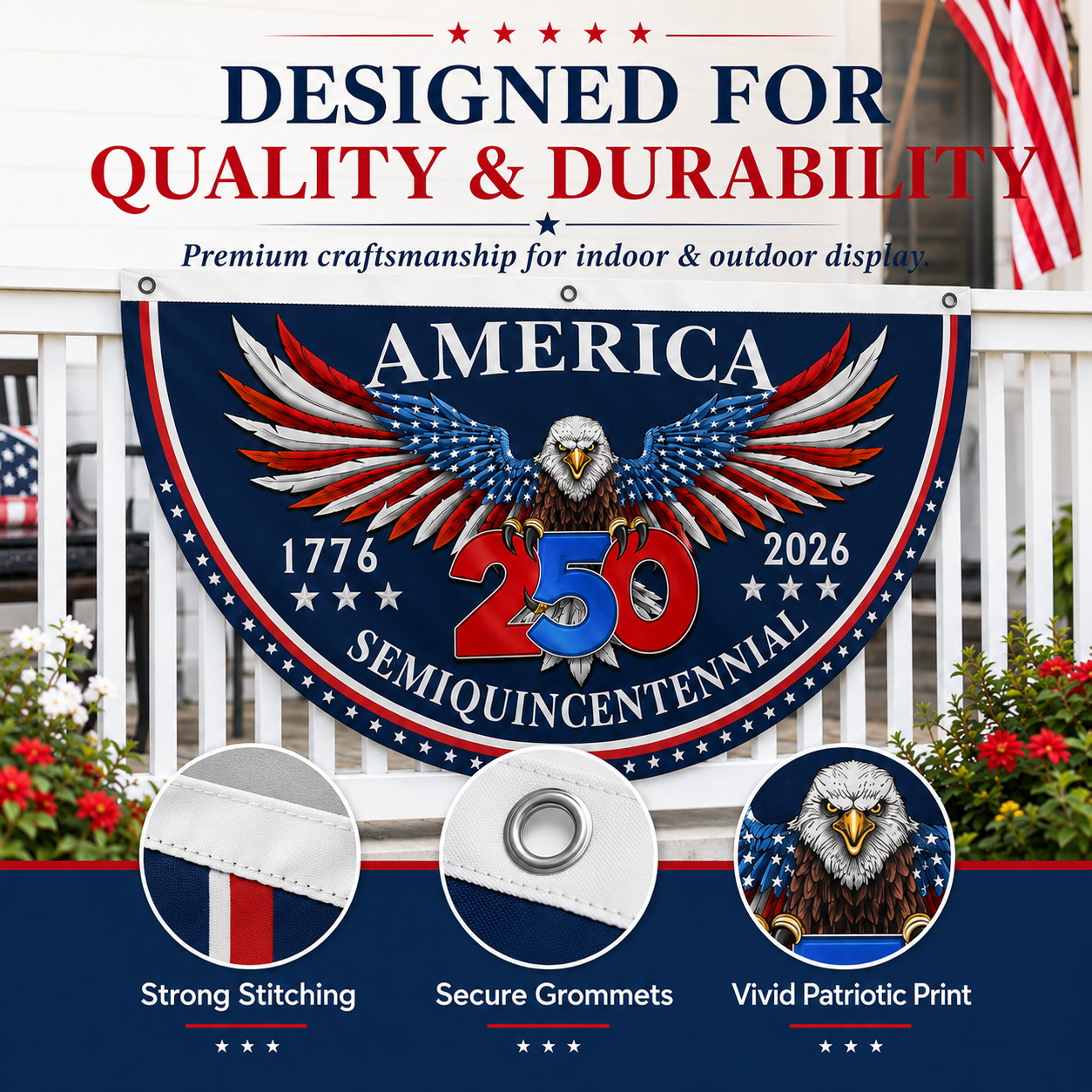 🇺🇸 America 250th Anniversary Patriotic Porch Banner 🦅 Semiquincentennial Eagle Half-Round Flag Decor
