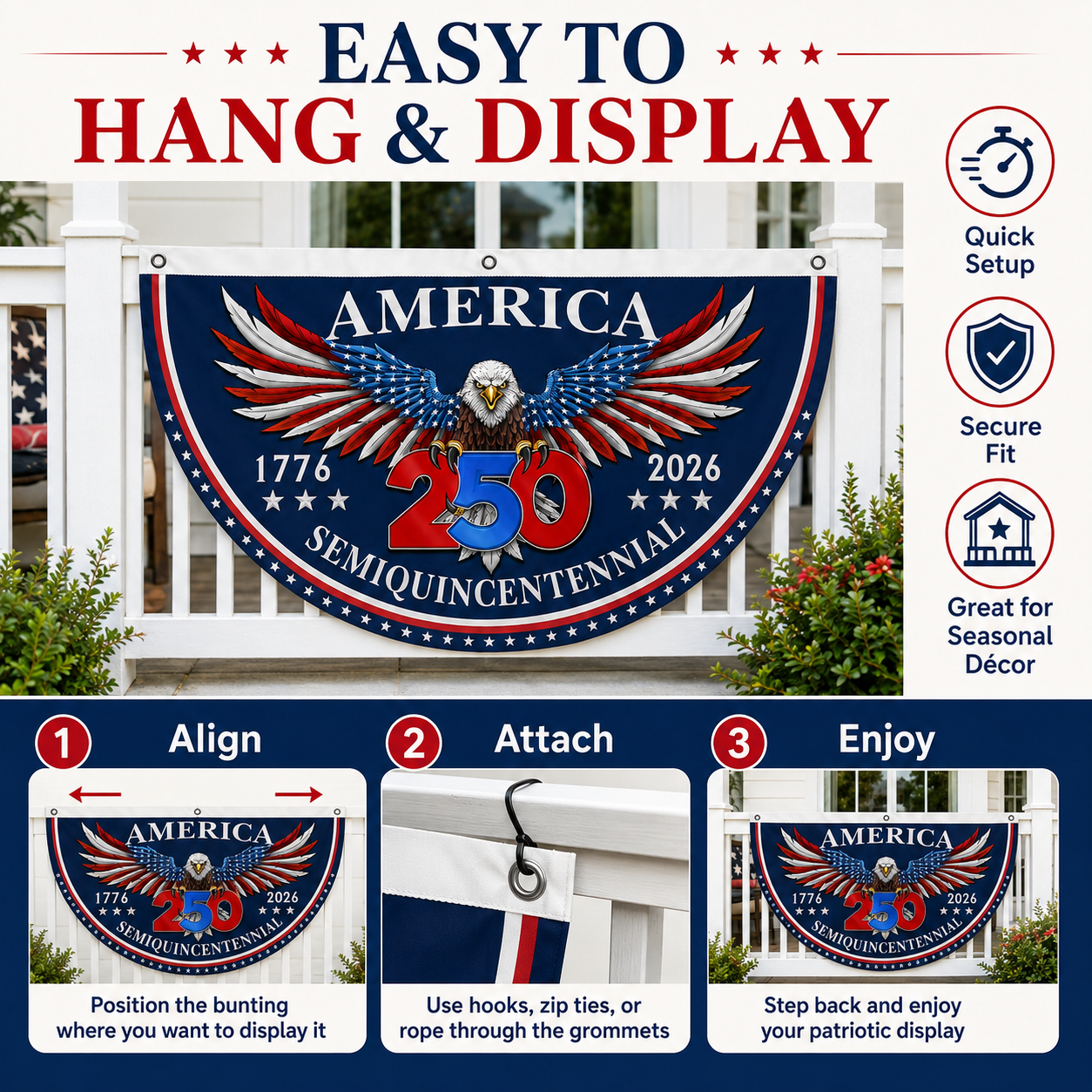 🇺🇸 America 250th Anniversary Patriotic Porch Banner 🦅 Semiquincentennial Eagle Half-Round Flag Decor