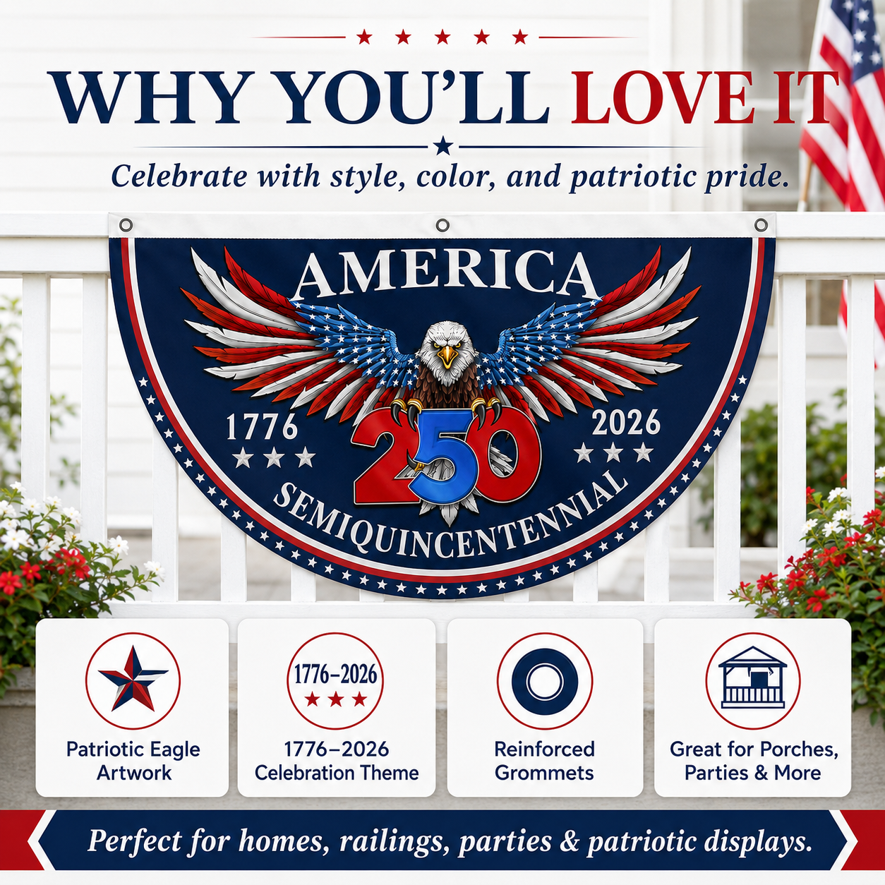 🇺🇸 America 250th Anniversary Patriotic Porch Banner 🦅 Semiquincentennial Eagle Half-Round Flag Decor