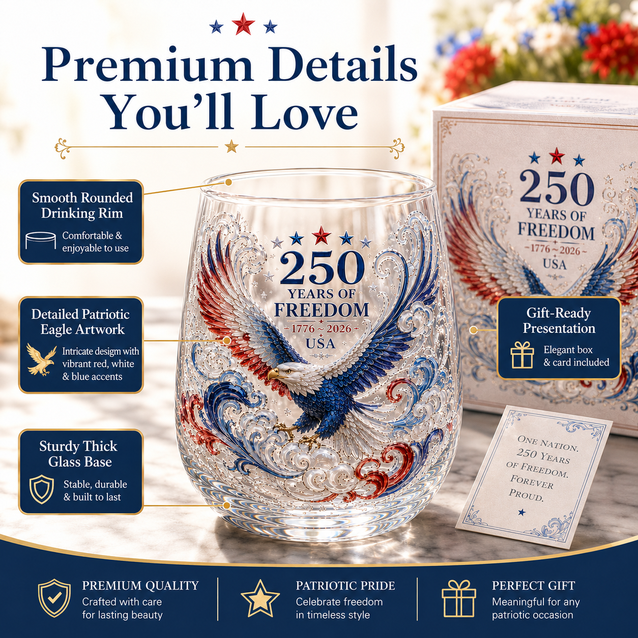 🇺🇸 Limited Edition 2026 USA 250 Years of Freedom Eagle Glass