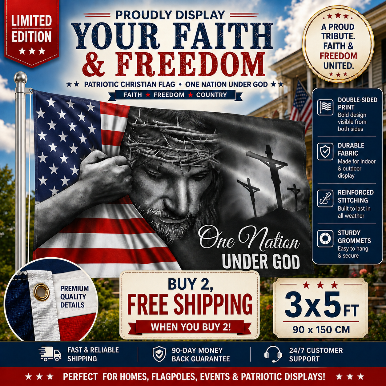 One Nation Under God Jesus Flag - Patriotic Grommet Flag Gift for Faithful Hearts & Home Decor