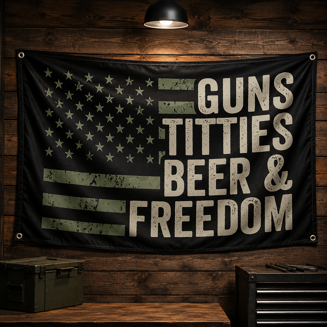 🇺🇸 Guns, Titties, Beer & Freedom Flag Banner – 90×150cm Man Cave Garage Wall Decor