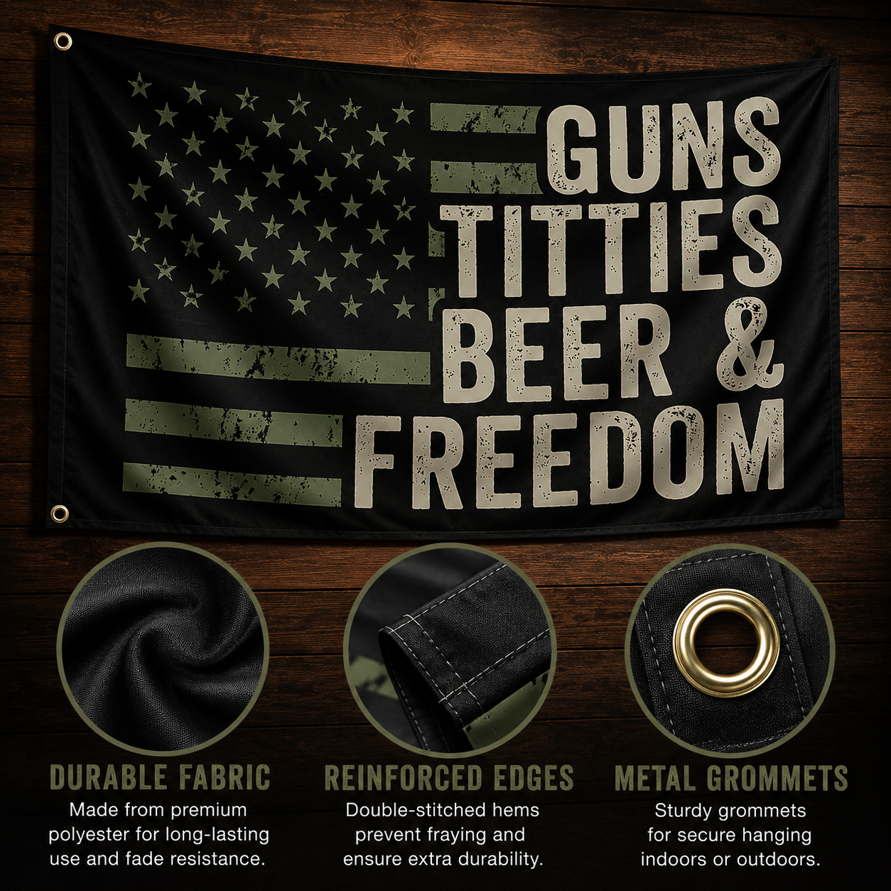 🇺🇸 Guns, Titties, Beer & Freedom Flag Banner – 90×150cm Man Cave Garage Wall Decor
