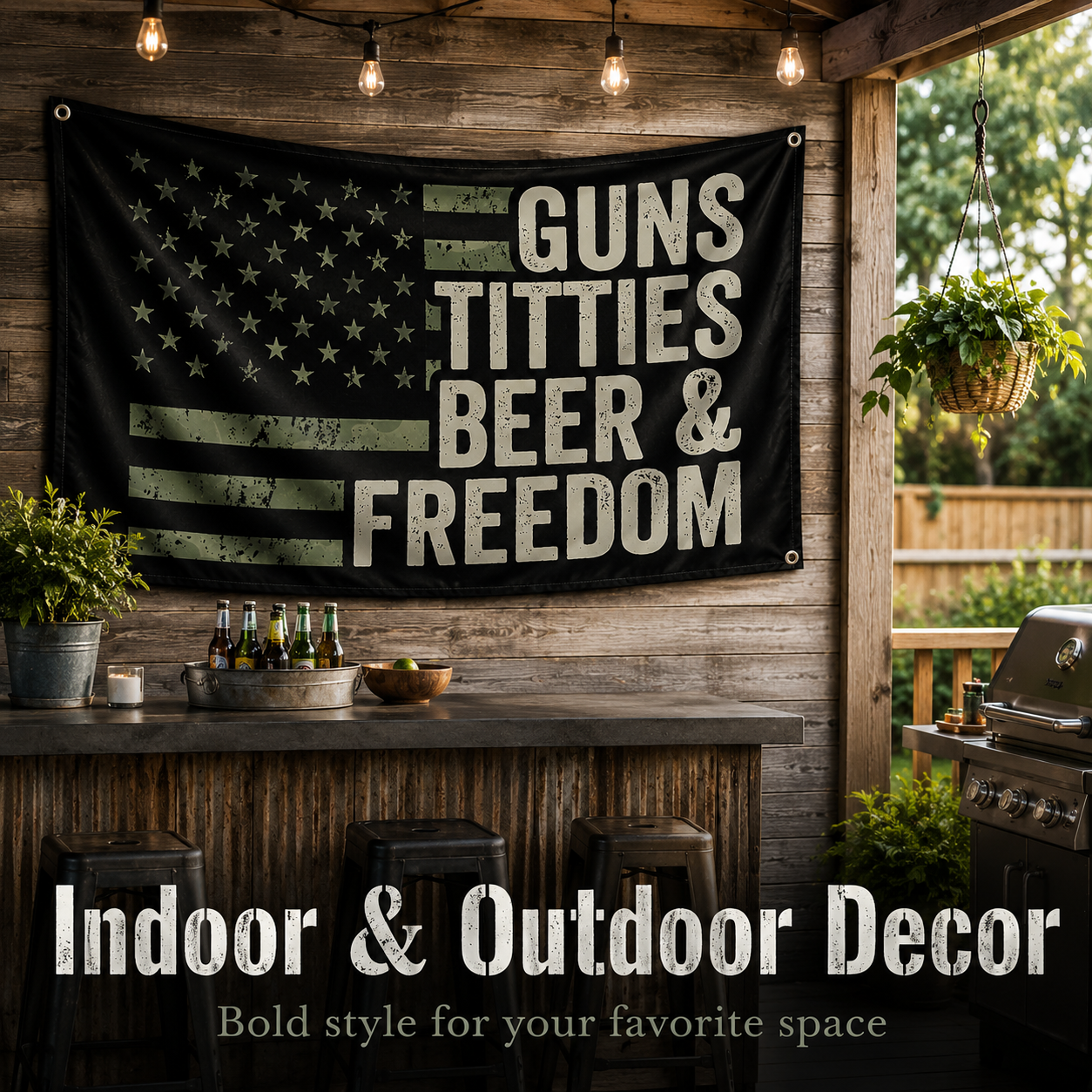 🇺🇸 Guns, Titties, Beer & Freedom Flag Banner – 90×150cm Man Cave Garage Wall Decor