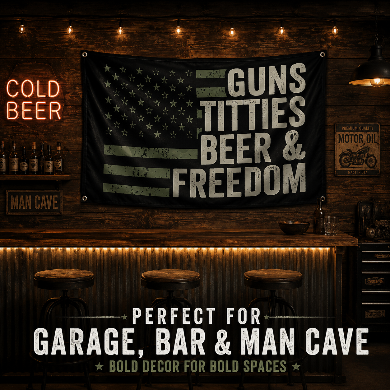 🇺🇸 Guns, Titties, Beer & Freedom Flag Banner – 90×150cm Man Cave Garage Wall Decor