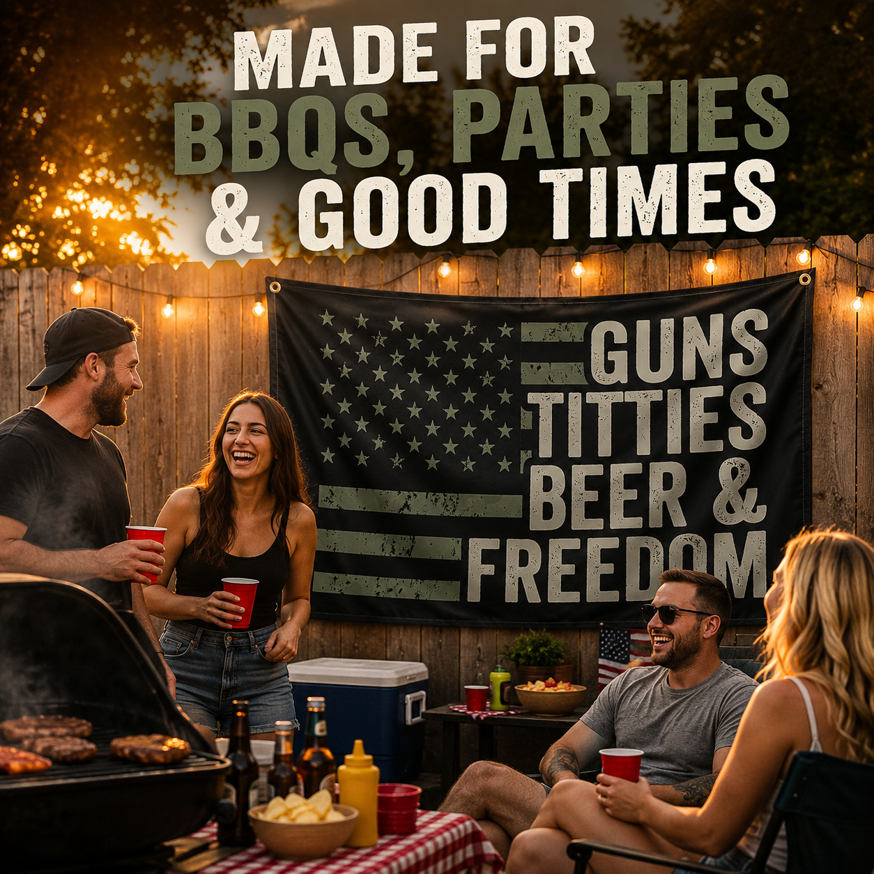 🇺🇸 Guns, Titties, Beer & Freedom Flag Banner – 90×150cm Man Cave Garage Wall Decor