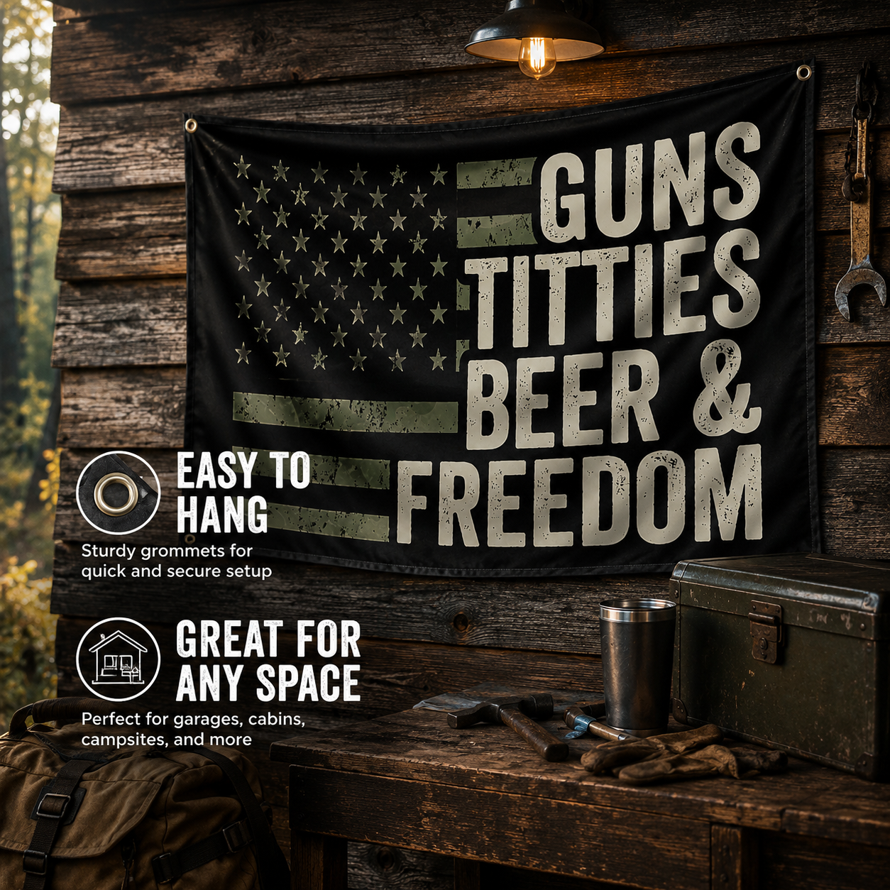 🇺🇸 Guns, Titties, Beer & Freedom Flag Banner – 90×150cm Man Cave Garage Wall Decor