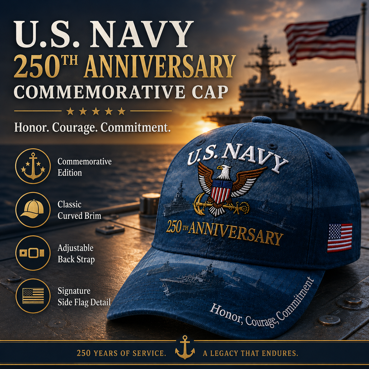 🔥 Father’s Day Sale - ❤️ U.S. Navy 250th Anniversary Commemorative Cap 🇺🇸
