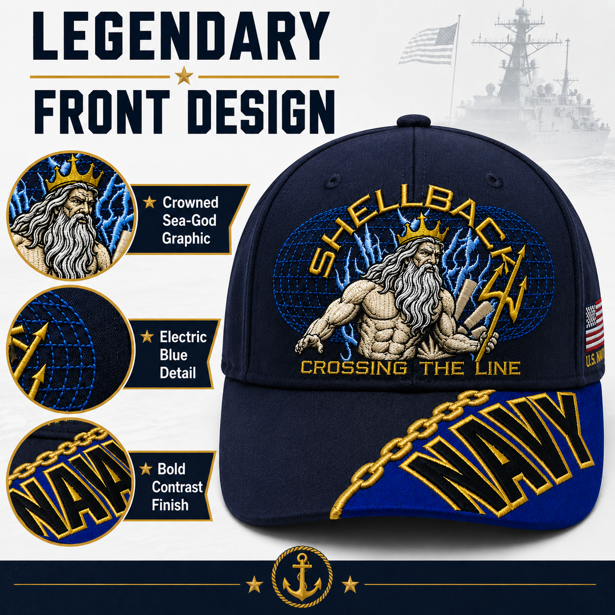 🔥 Father’s Day Sale - ❤️ SHELLBACK “Crossing The Line” Navy Embroidered Cap 🇺🇸