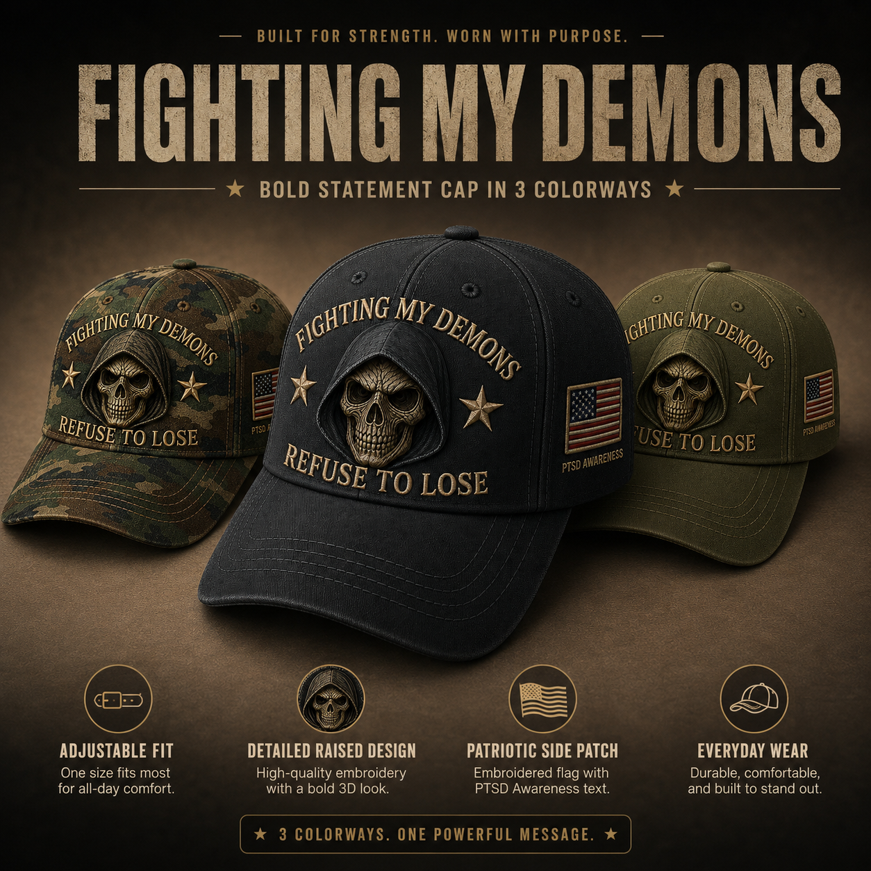 🔥 Father’s Day Sale - ❤️ ”Fighting My Demons“ PTSD Awareness Embroidered Cap 🇺🇸 – Refuse To Lose Edition 🖤💀