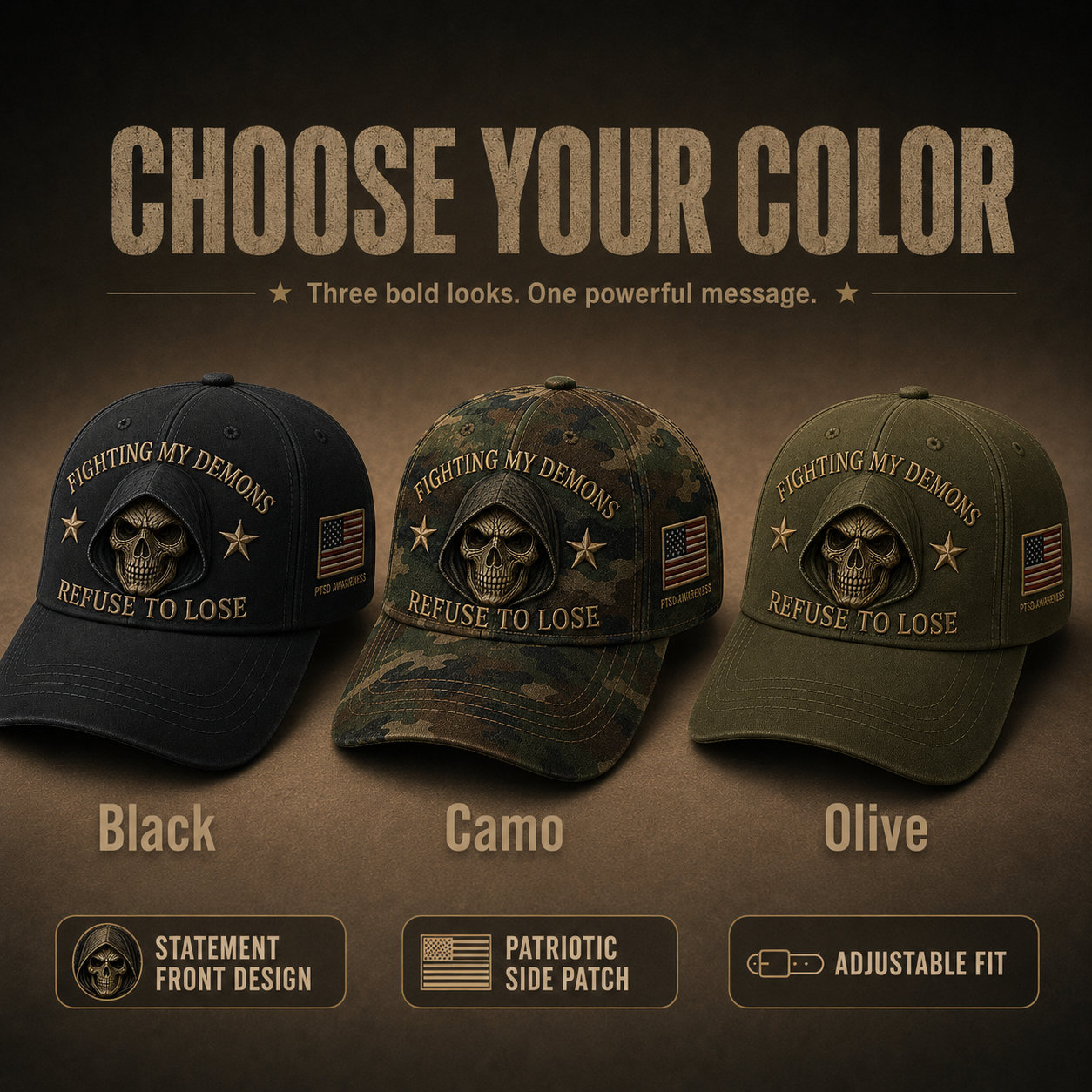 🔥 Father’s Day Sale - ❤️ ”Fighting My Demons“ PTSD Awareness Embroidered Cap 🇺🇸 – Refuse To Lose Edition 🖤💀