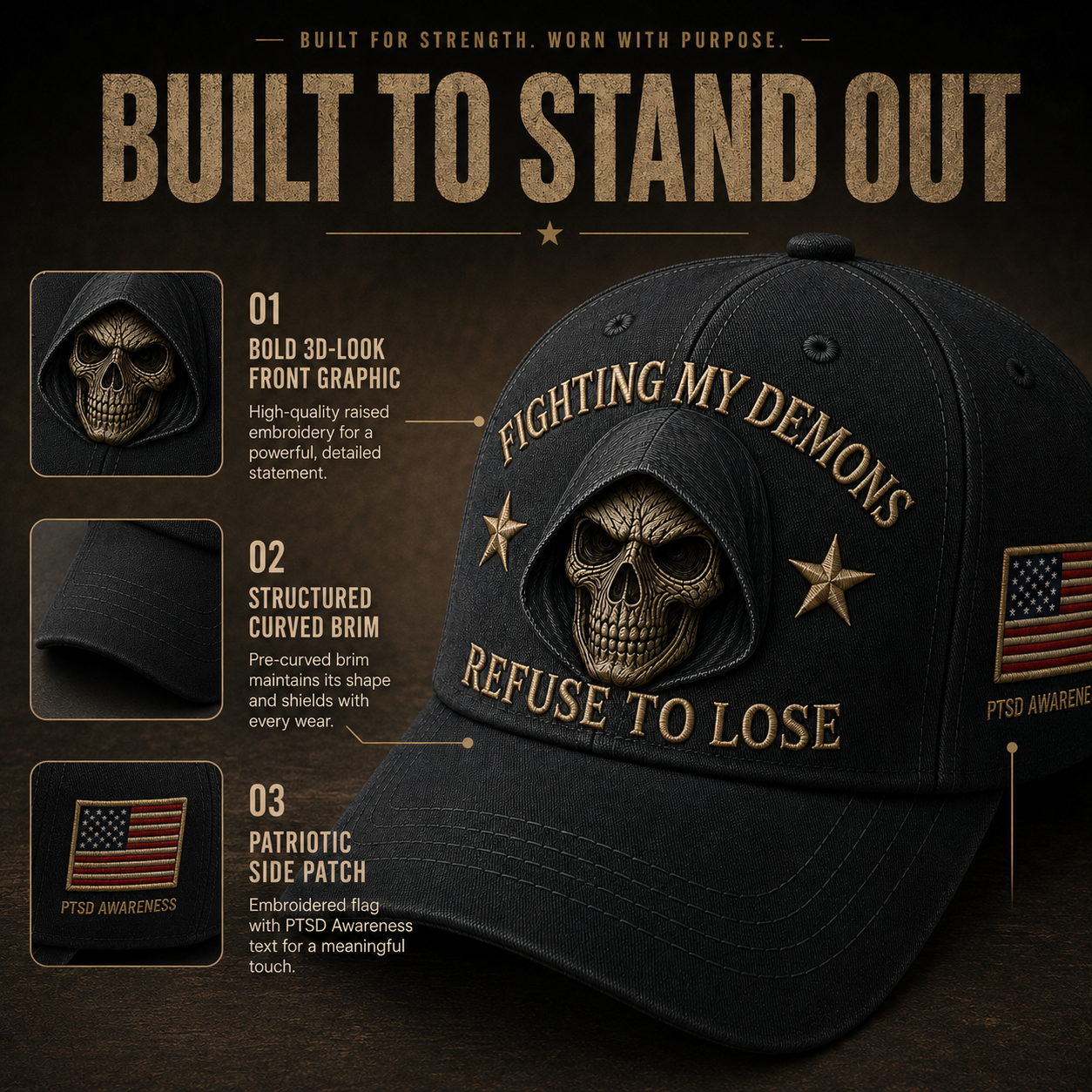 🔥 Father’s Day Sale - ❤️ ”Fighting My Demons“ PTSD Awareness Embroidered Cap 🇺🇸 – Refuse To Lose Edition 🖤💀