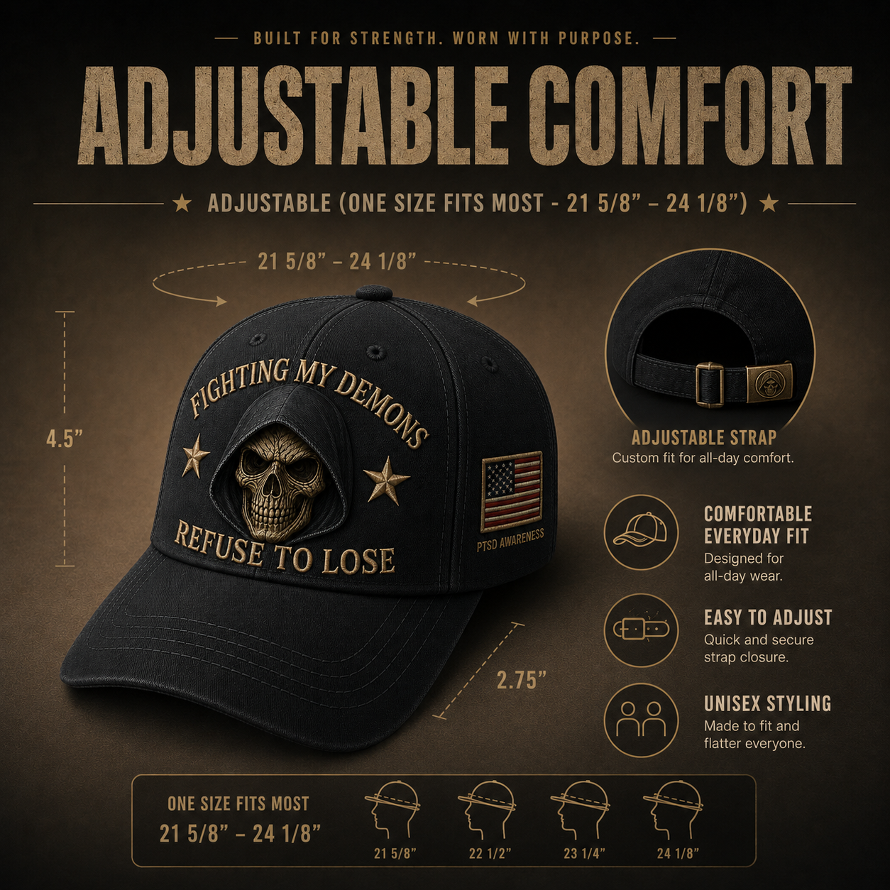 🔥 Father’s Day Sale - ❤️ ”Fighting My Demons“ PTSD Awareness Embroidered Cap 🇺🇸 – Refuse To Lose Edition 🖤💀