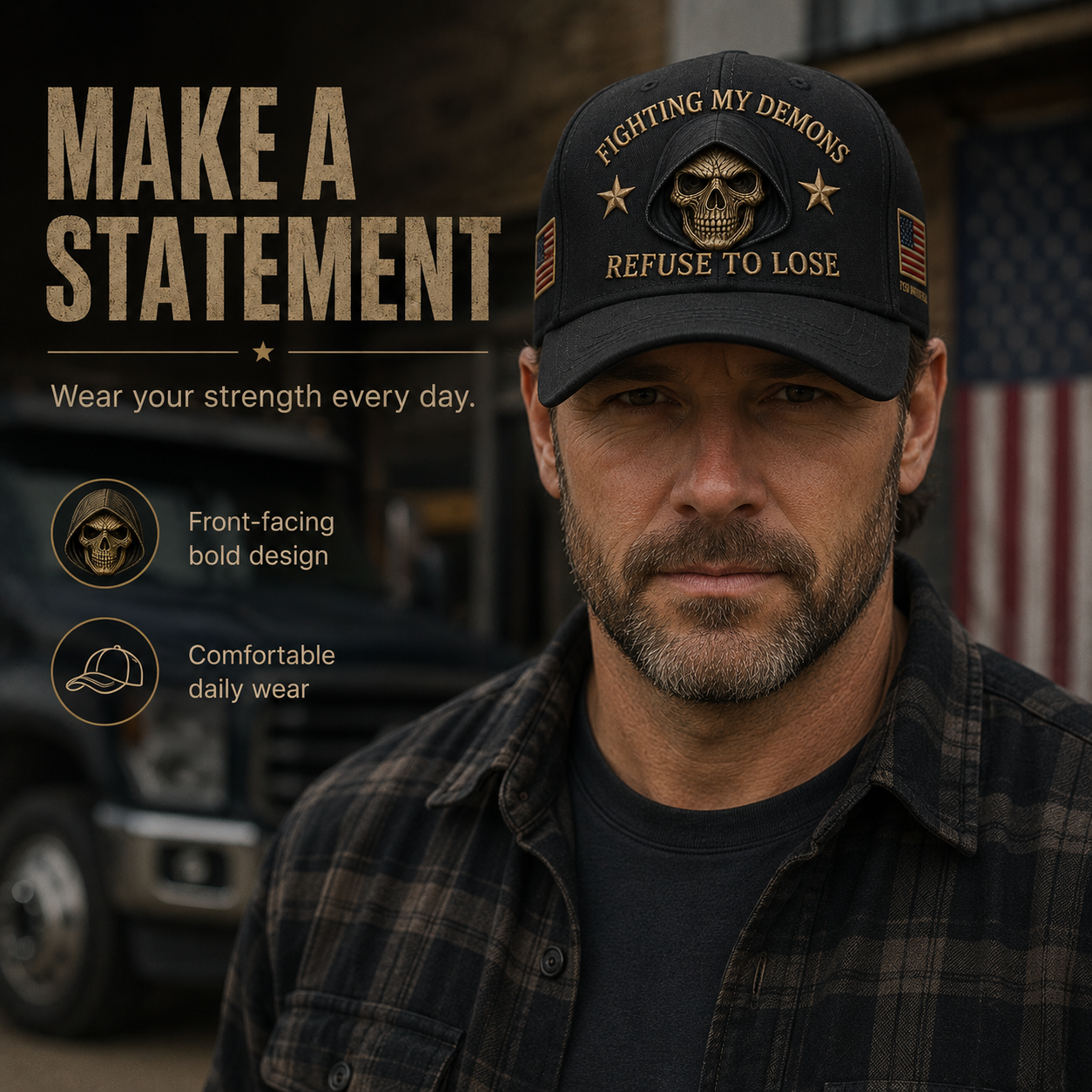 🔥 Father’s Day Sale - ❤️ ”Fighting My Demons“ PTSD Awareness Embroidered Cap 🇺🇸 – Refuse To Lose Edition 🖤💀