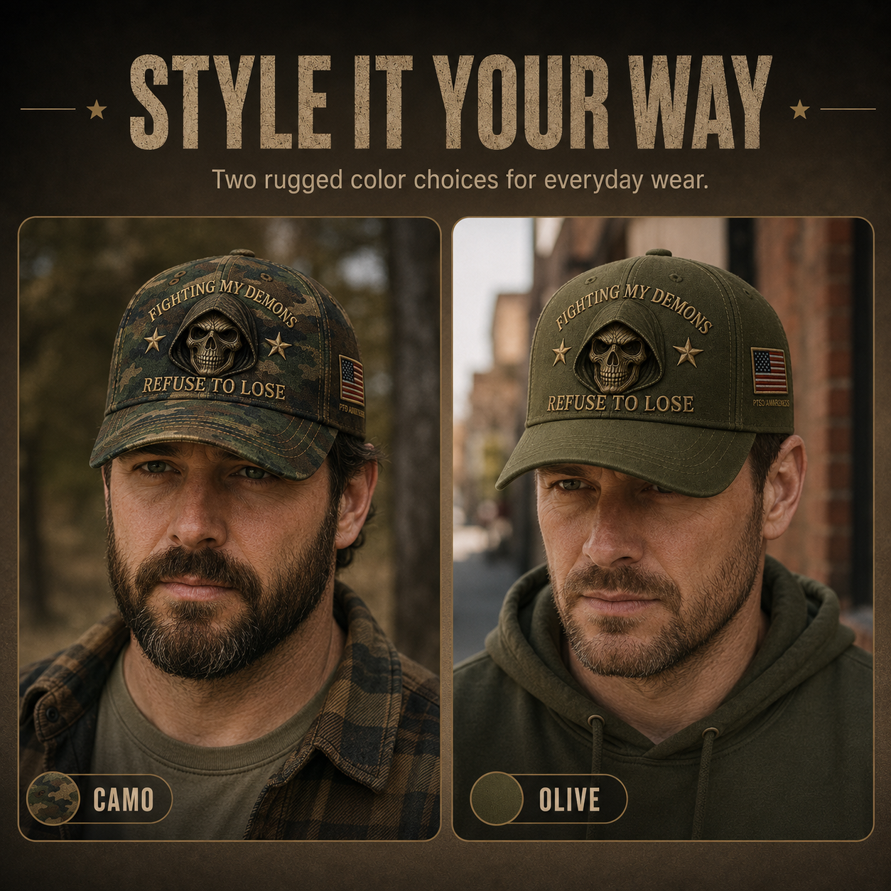 🔥 Father’s Day Sale - ❤️ ”Fighting My Demons“ PTSD Awareness Embroidered Cap 🇺🇸 – Refuse To Lose Edition 🖤💀