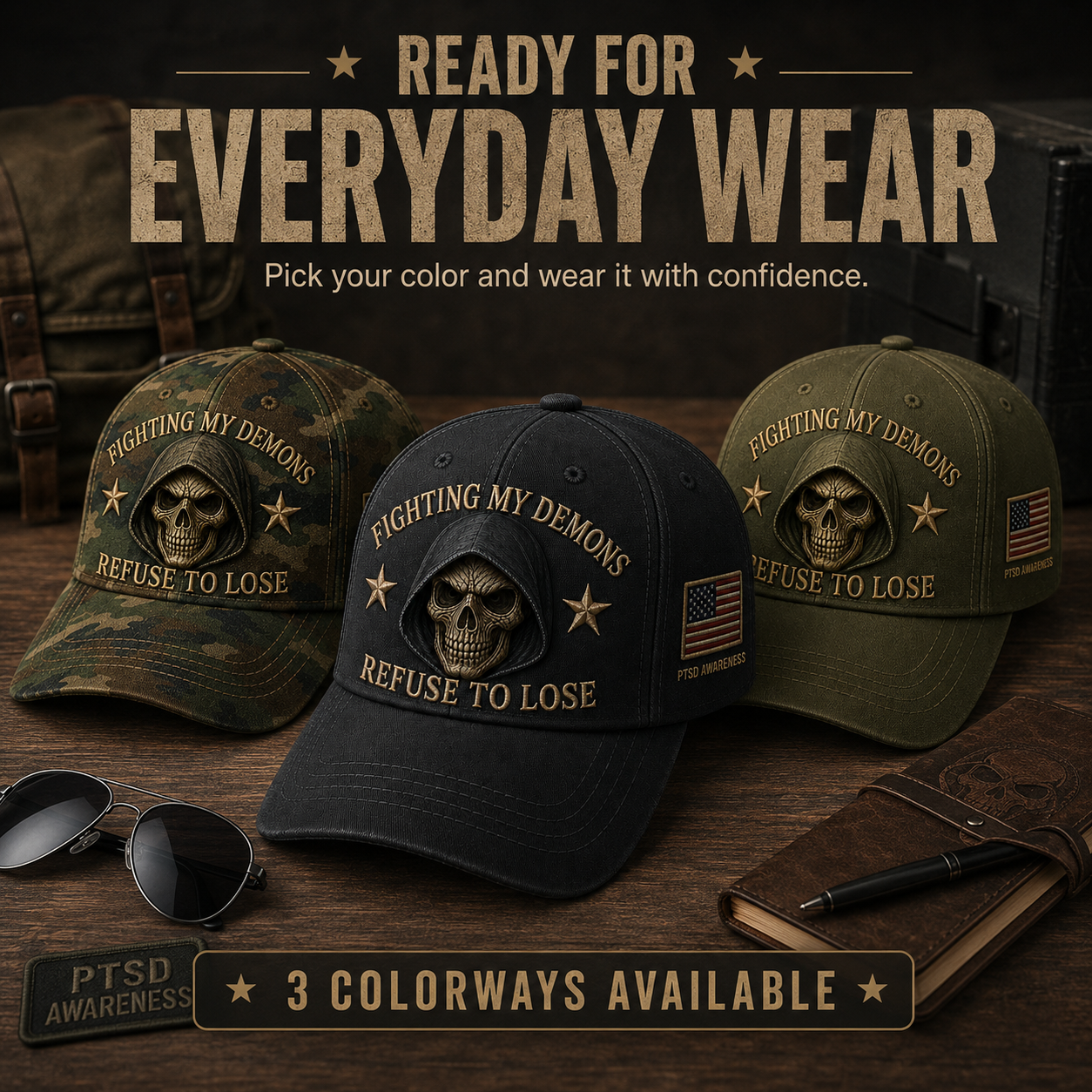 🔥 Father’s Day Sale - ❤️ ”Fighting My Demons“ PTSD Awareness Embroidered Cap 🇺🇸 – Refuse To Lose Edition 🖤💀