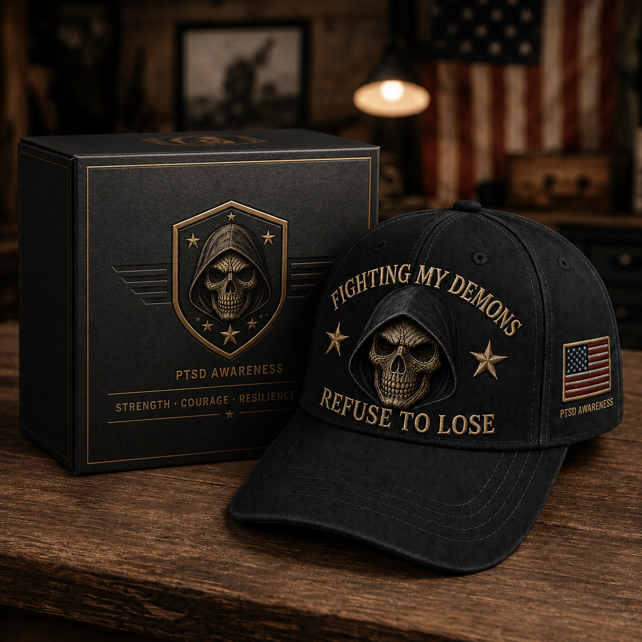 🔥 Father’s Day Sale - ❤️ ”Fighting My Demons“ PTSD Awareness Embroidered Cap 🇺🇸 – Refuse To Lose Edition 🖤💀