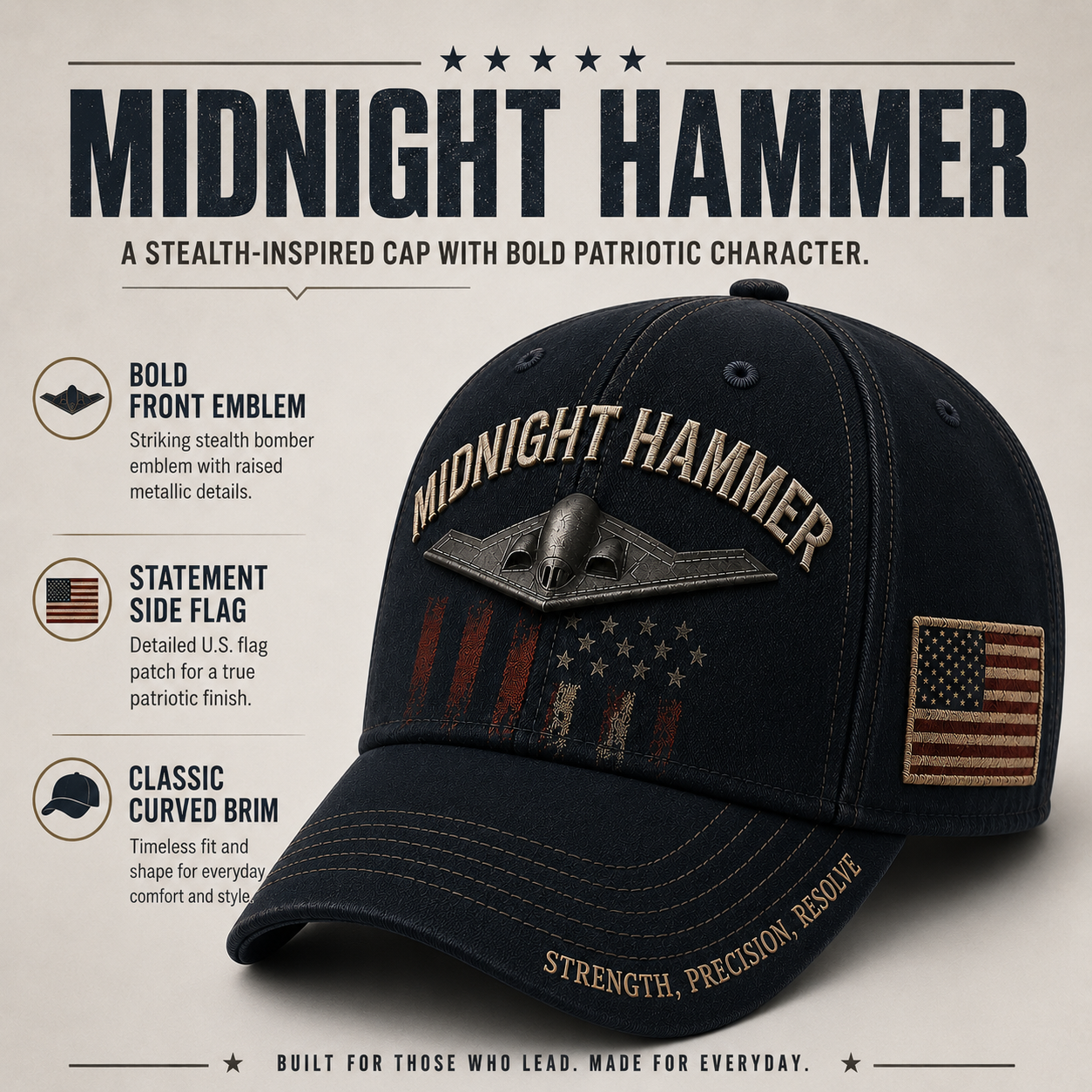 ❤️ MIDNIGHT HAMMER Tactical Embroidered Baseball Cap 🛩️🇺🇸