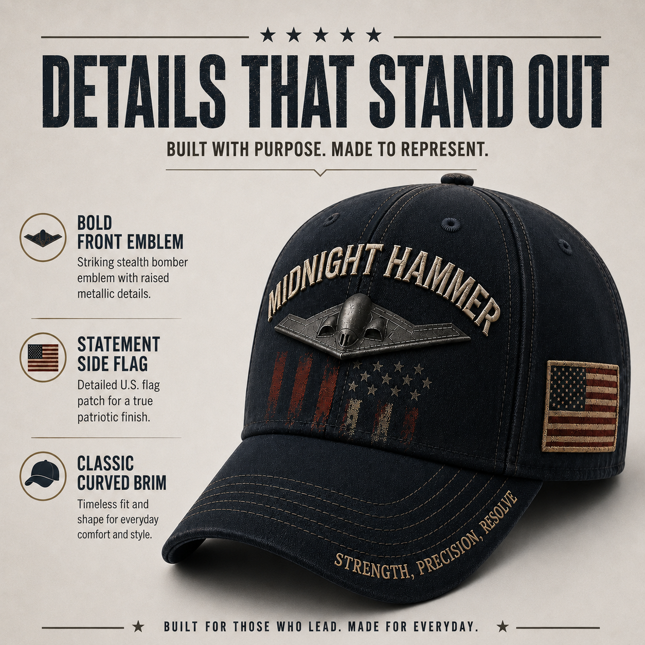❤️ MIDNIGHT HAMMER Tactical Embroidered Baseball Cap 🛩️🇺🇸