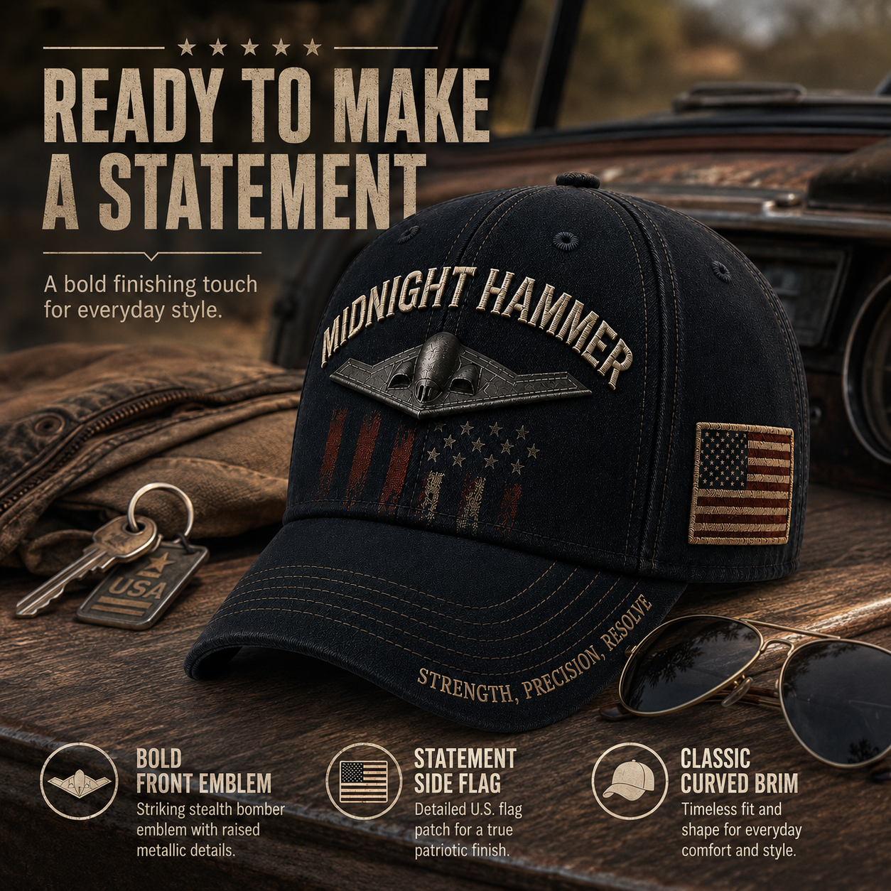 ❤️ MIDNIGHT HAMMER Tactical Embroidered Baseball Cap 🛩️🇺🇸