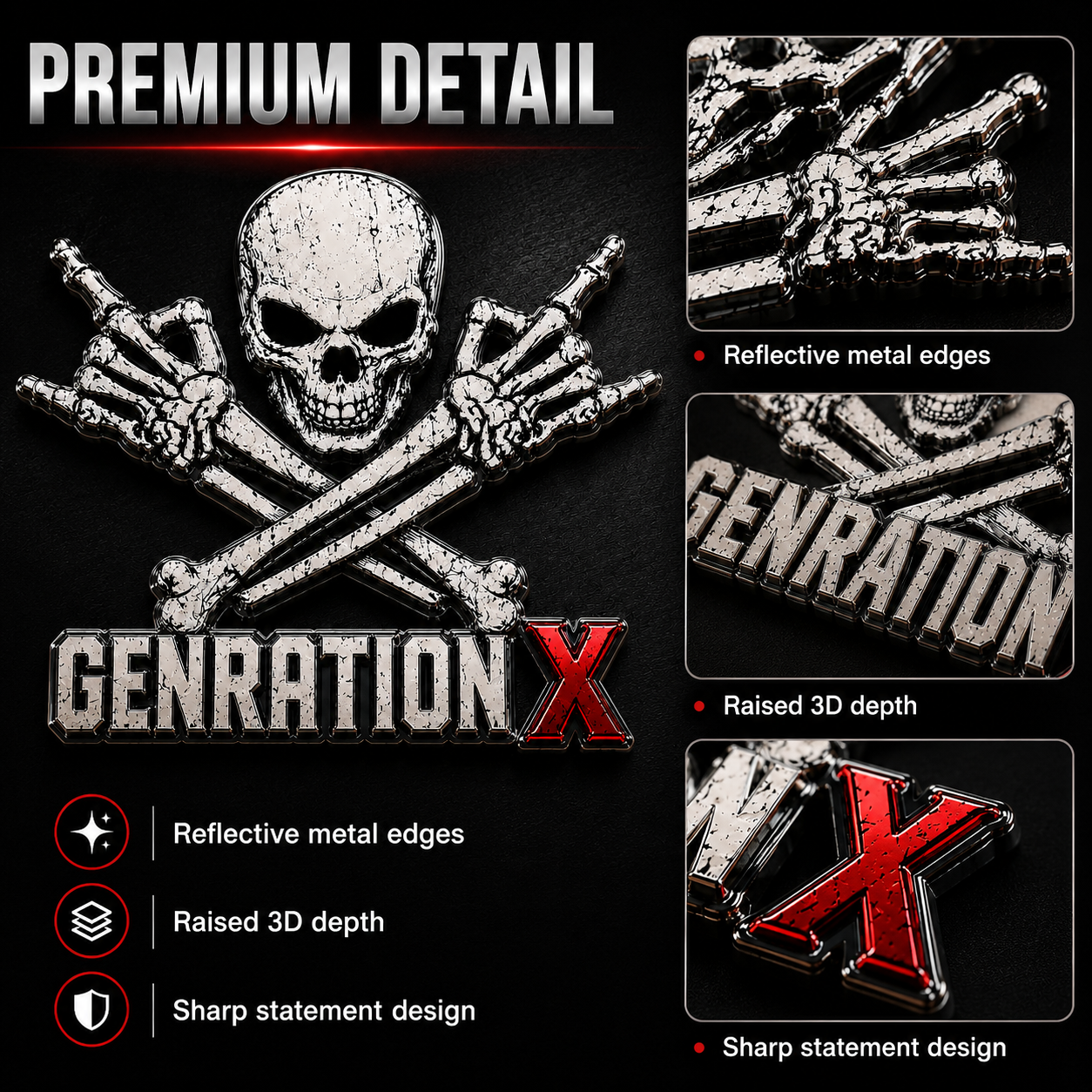 GENERATION X Metal Skull Car Emblem – Premium Chrome & Red X Badge 💥