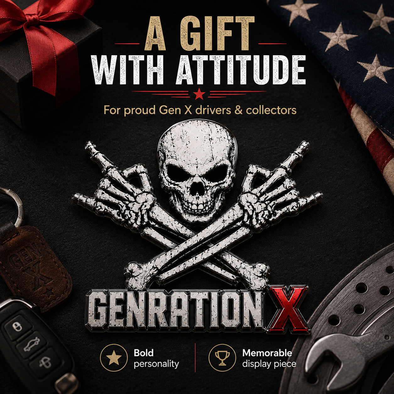 GENERATION X Metal Skull Car Emblem – Premium Chrome & Red X Badge 💥