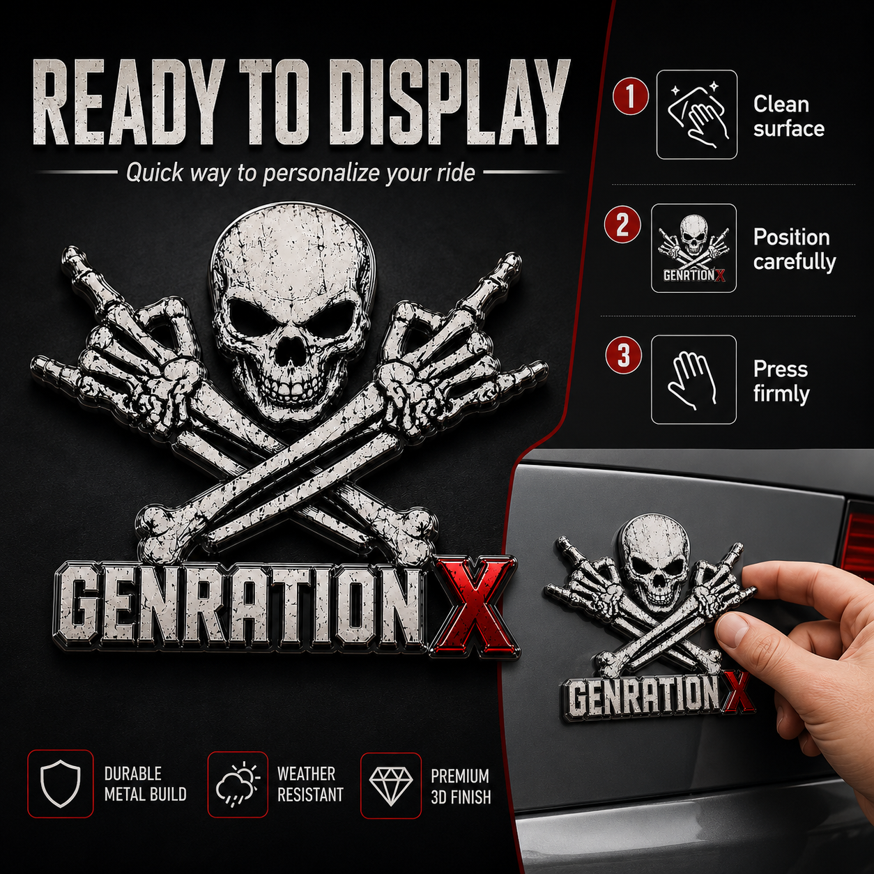 GENERATION X Metal Skull Car Emblem – Premium Chrome & Red X Badge 💥