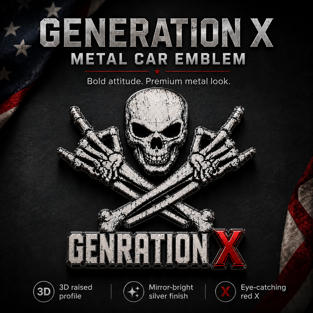 GENERATION X Metal Skull Car Emblem – Premium Chrome & Red X Badge 💥