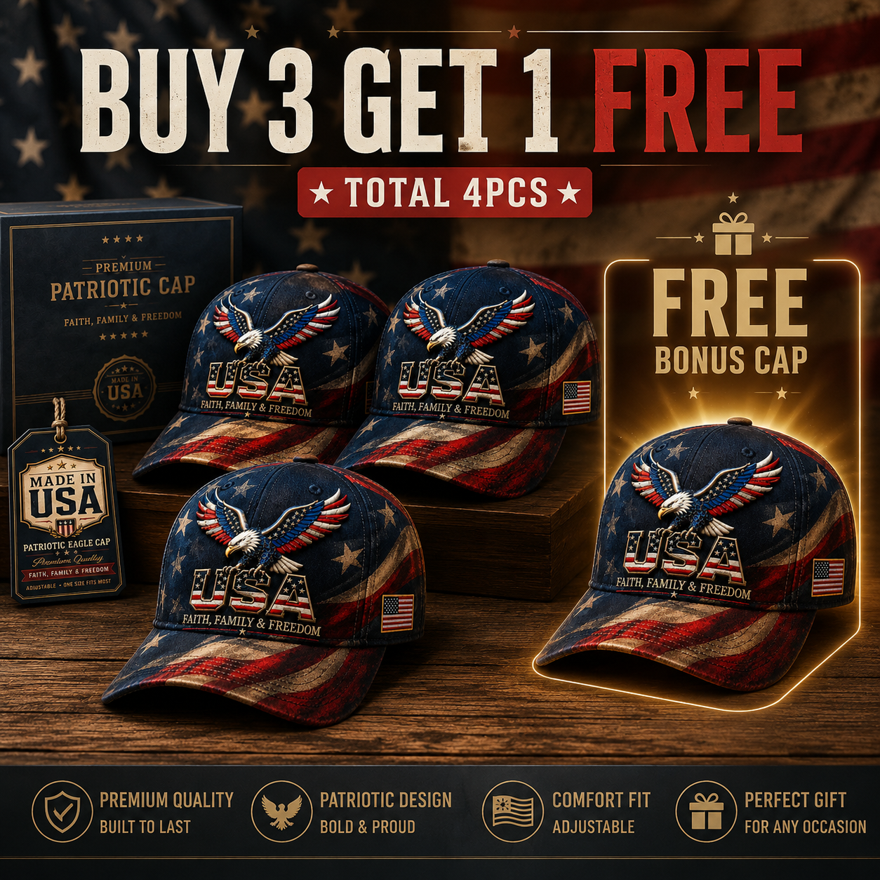 🦅Last Day 70% OFF - USA Faith, Family & Freedom Embroidered Cap