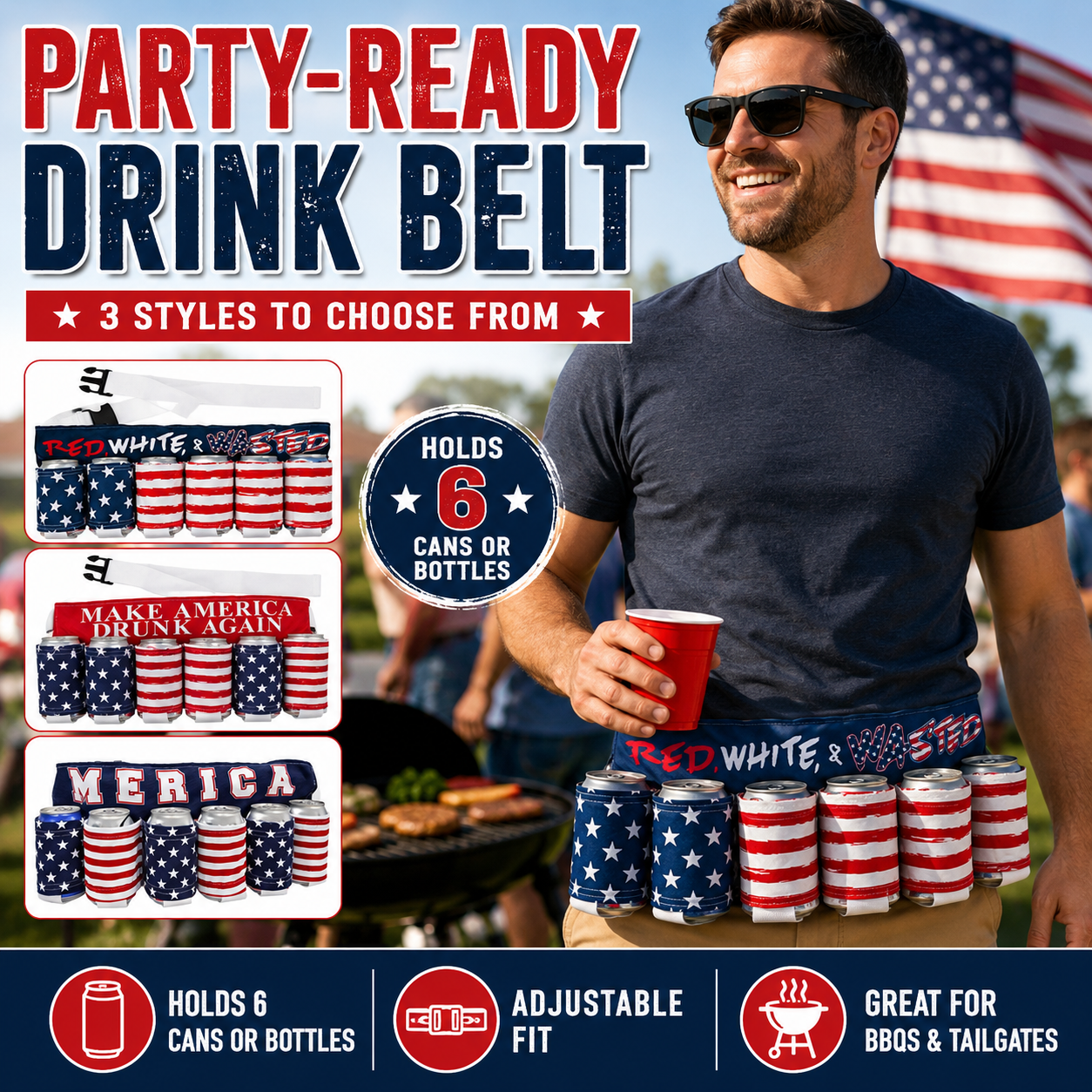 Party-Ready Drink Belt – Hands-Free 6-Can Beer & Soda Carrier 🇺🇸🍺